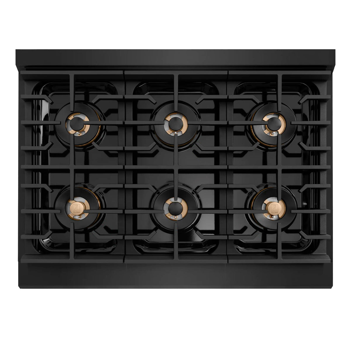 Black six-burner gas cooktop with gold burner caps and heavy cast-iron grates