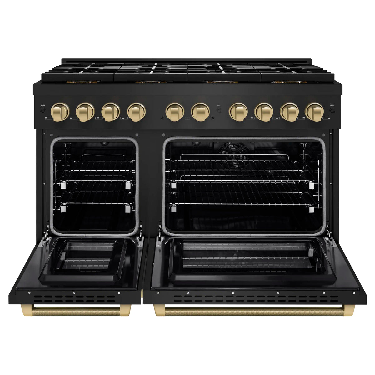 Black dual fuel range with two open oven compartments and wire racks