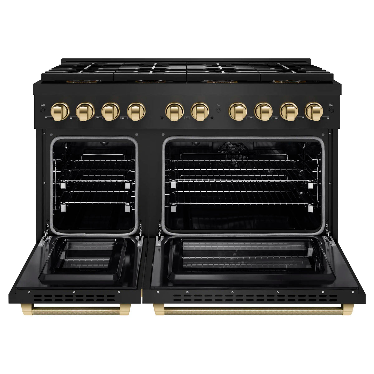 Black dual fuel range with both ovens open, polished gold knobs on top panel.