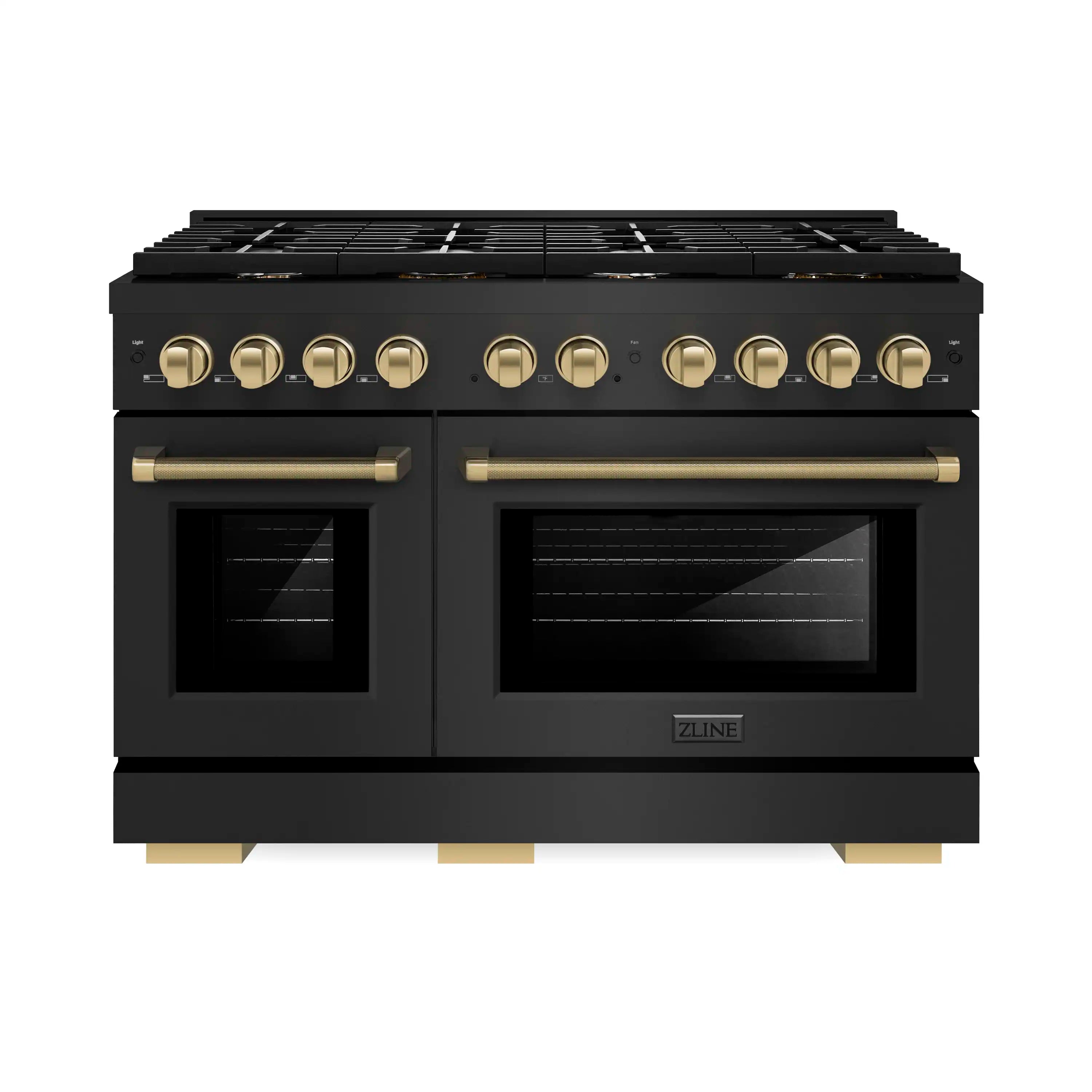 Black stainless gas range with bronze knobs and two glass oven windows