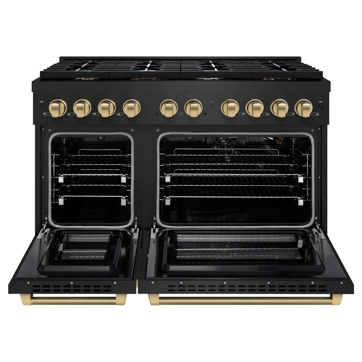 Black stainless gas range with both oven doors open and wire racks visible