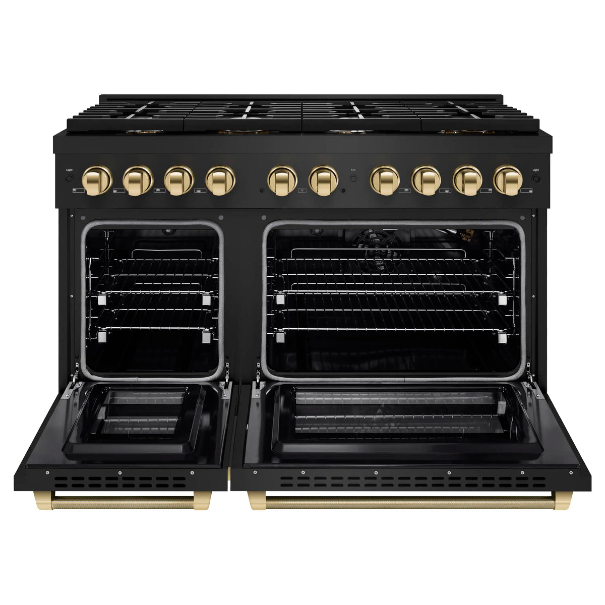 Black gas range with both oven doors open and interior racks visible