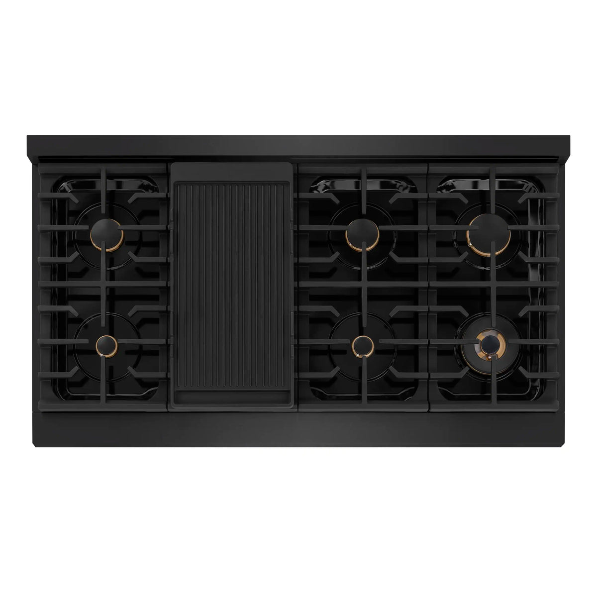 Black stainless gas cooktop with five burners and central griddle