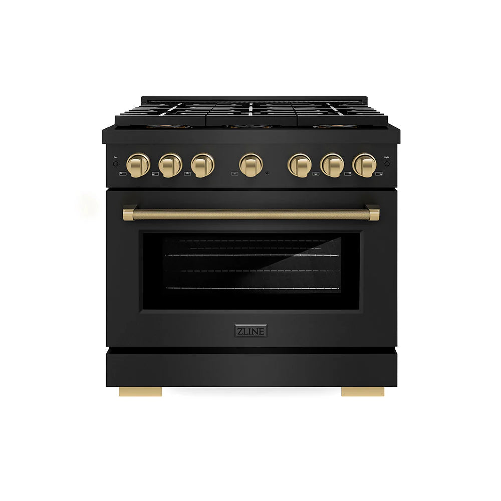Black gas range with oven door window, front gold control knobs, and grates