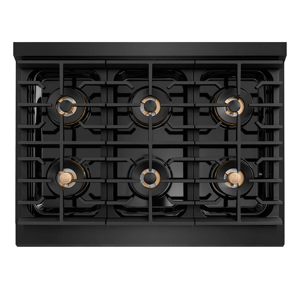 Black gas cooktop with six cast burners and champagne bronze burner caps