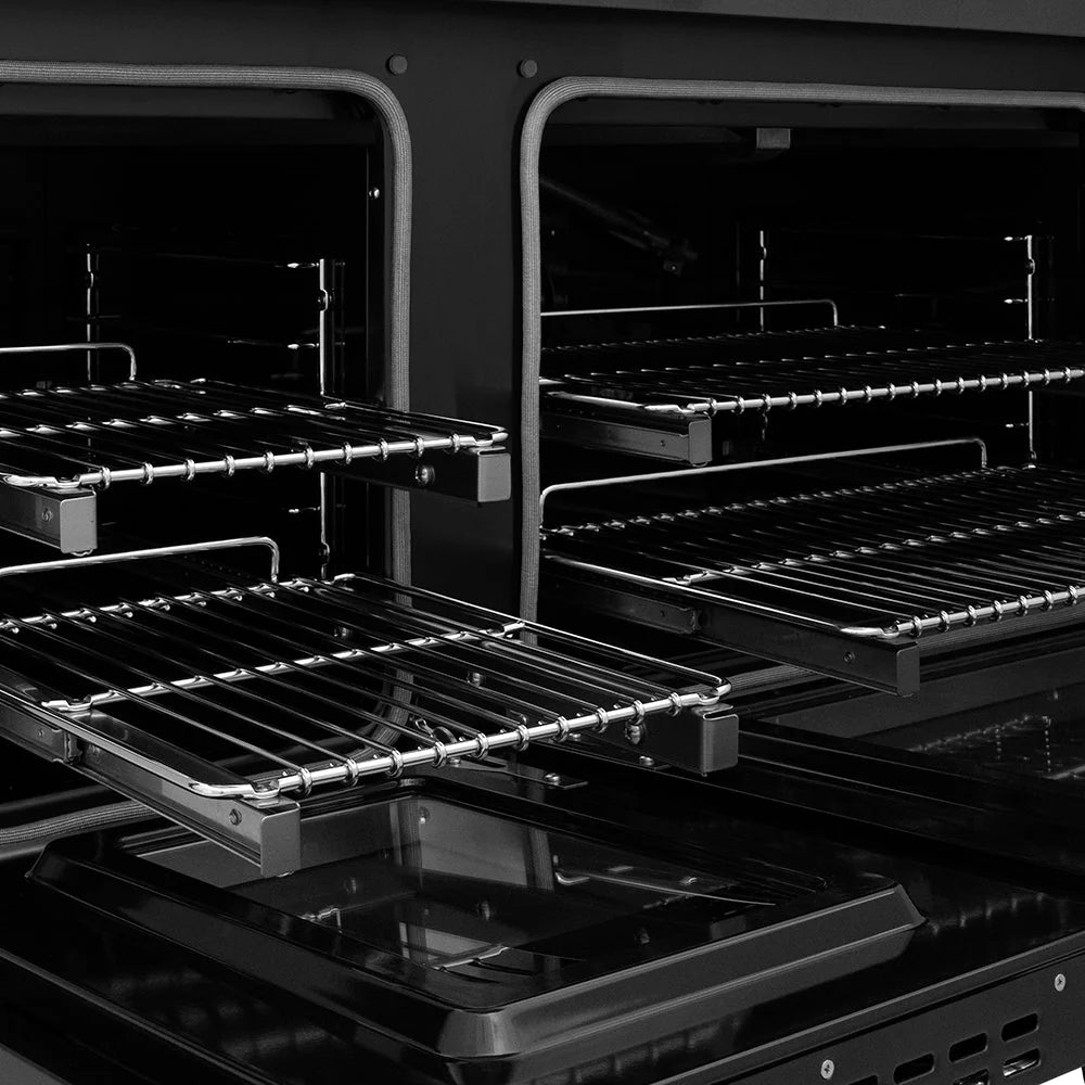 Black gas range oven interior with wire racks and broiler/grill tray
