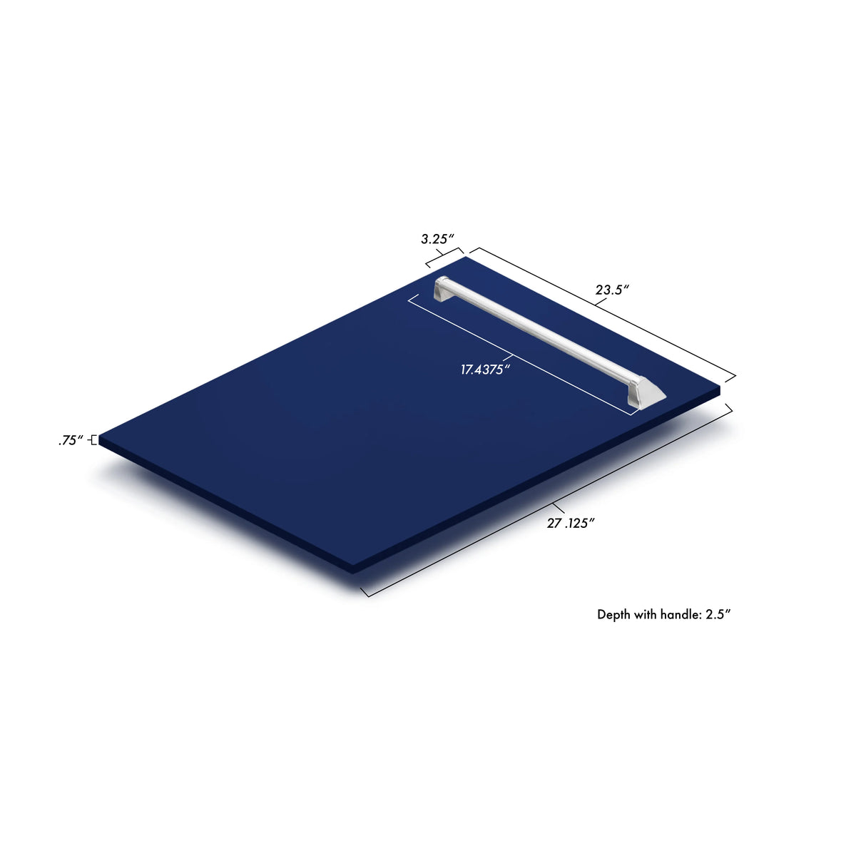 Blue gloss dishwasher base with top handle bar and size measurements