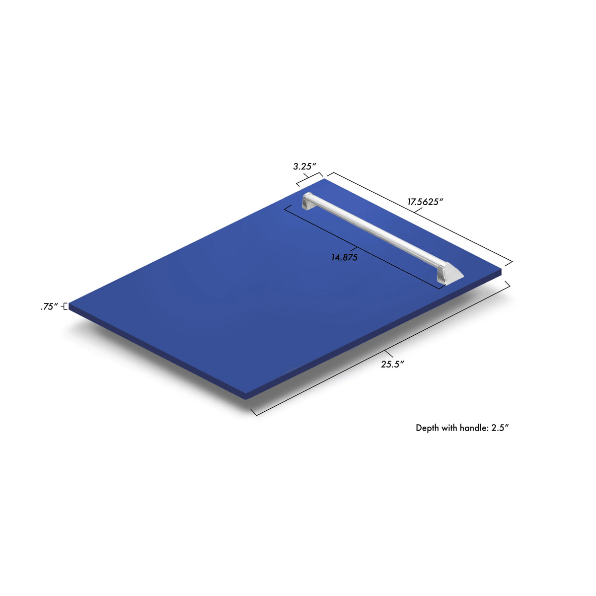 Dishwasher size diagram: blue base with white handle and dimension labels