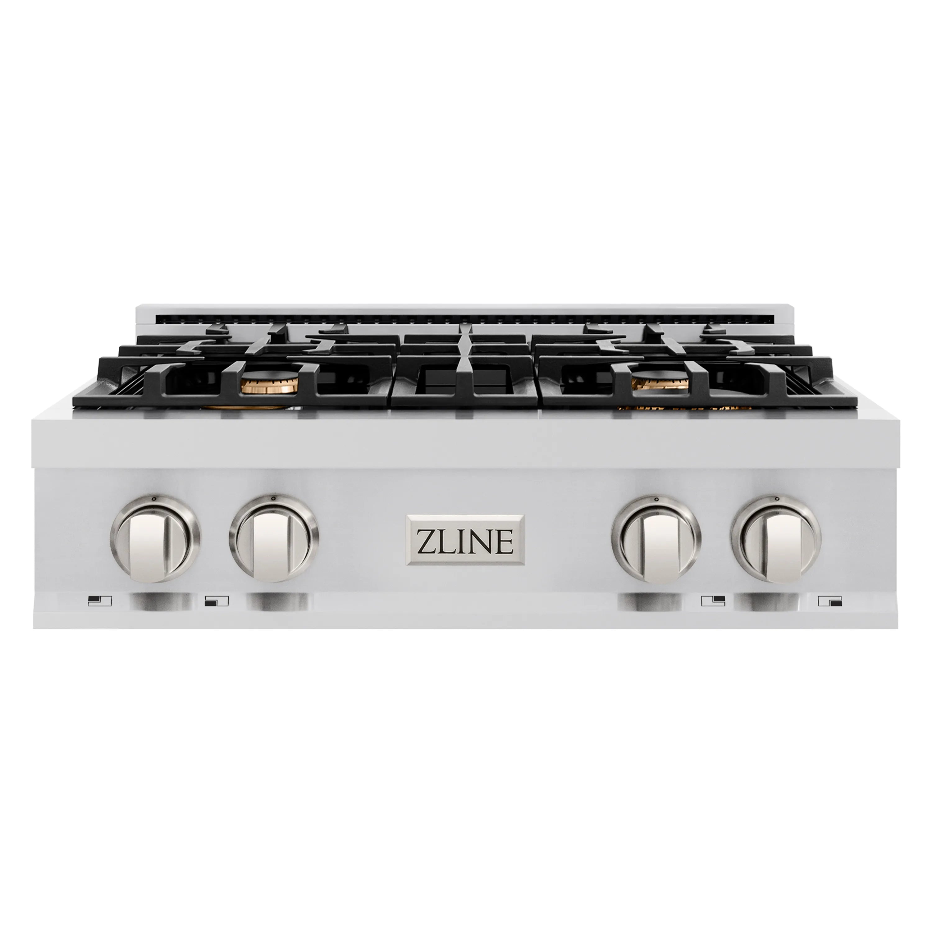 Four-burner gas stovetop with stainless front panel and black control knobs