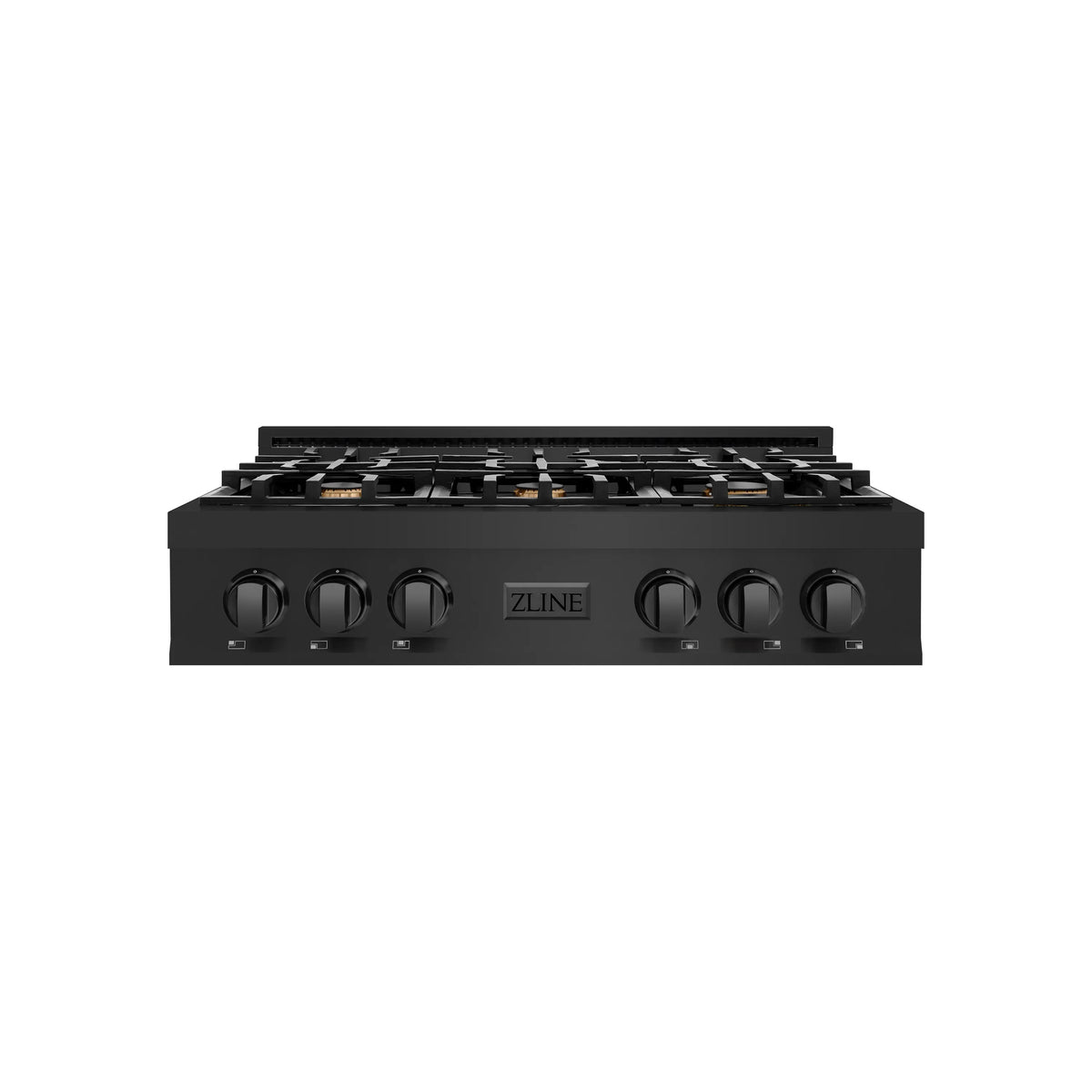 Black gas stovetop showing six burner knobs, centered ZLINE logo, and grates