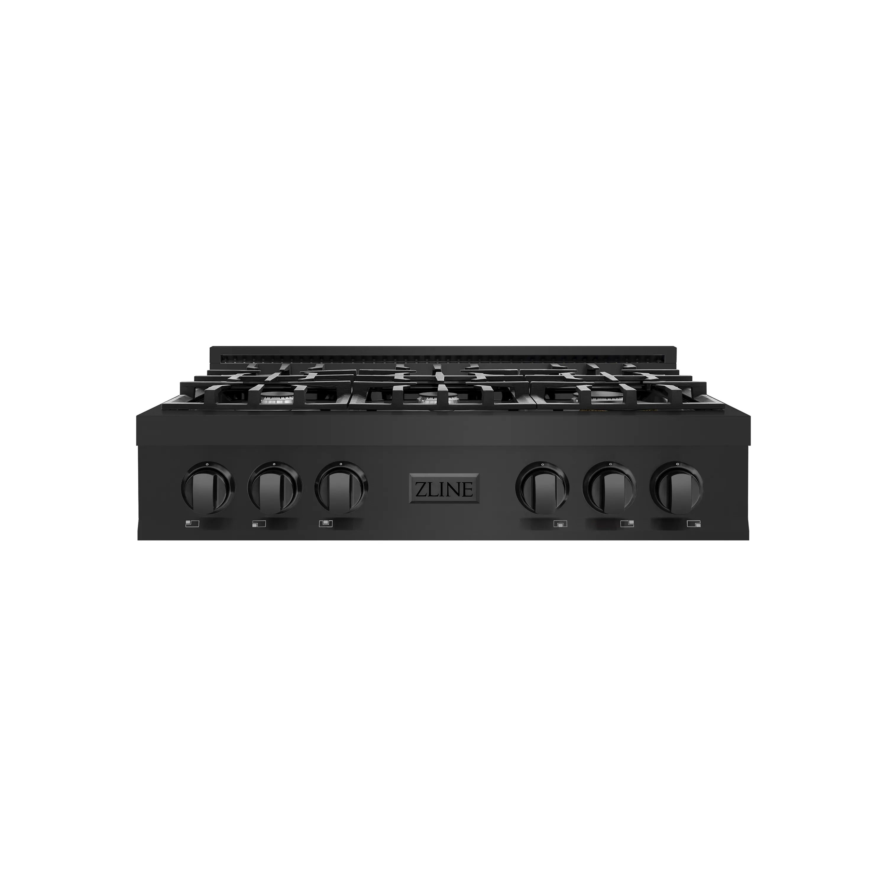 Black stainless gas rangetop front view with six burner knobs and burner grates