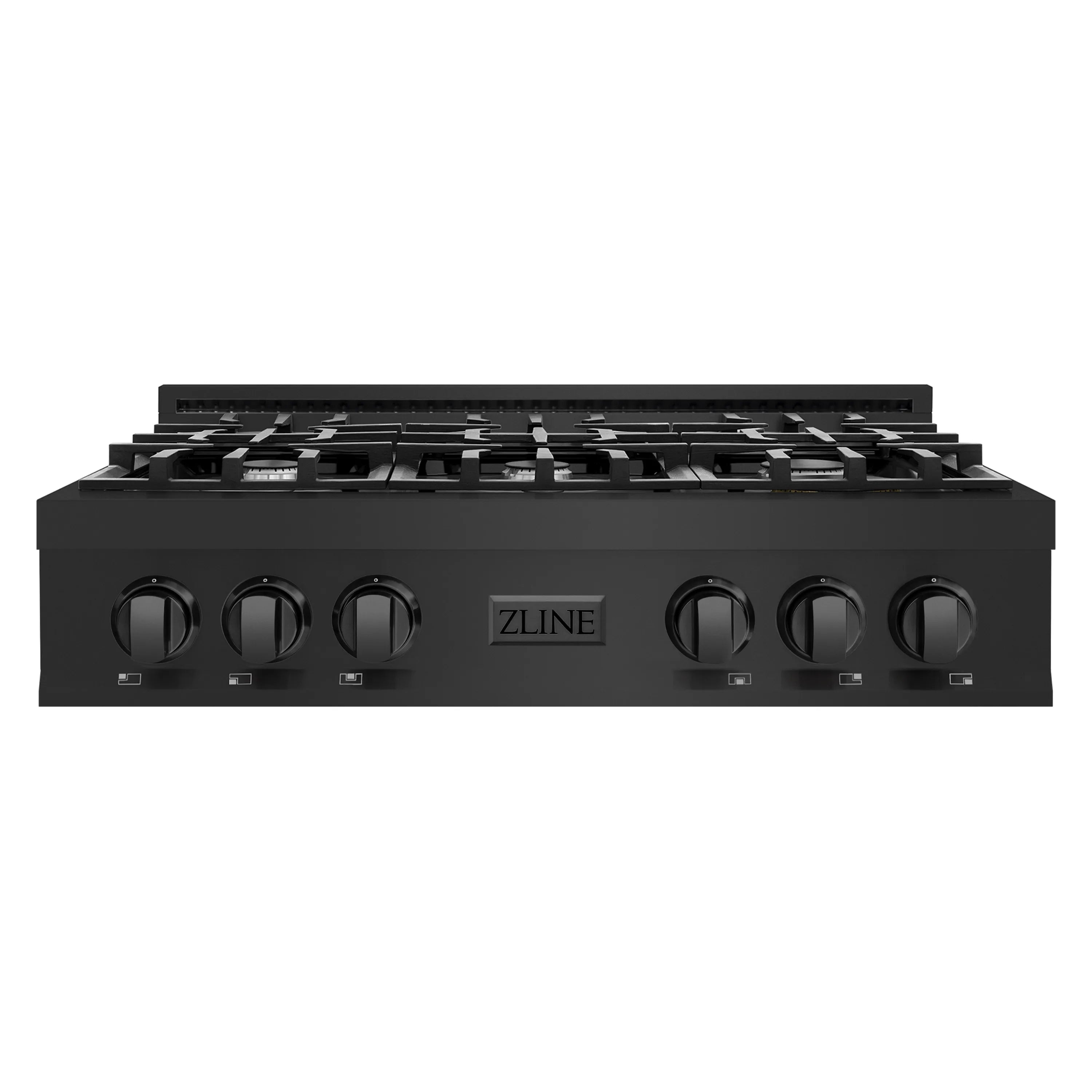 Black stainless gas rangetop front panel with six burner knobs and ZLINE logo