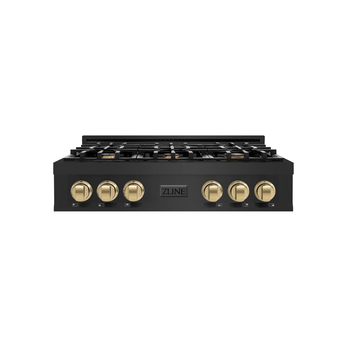 36-inch gas rangetop front view, black base with champagne bronze knob accents