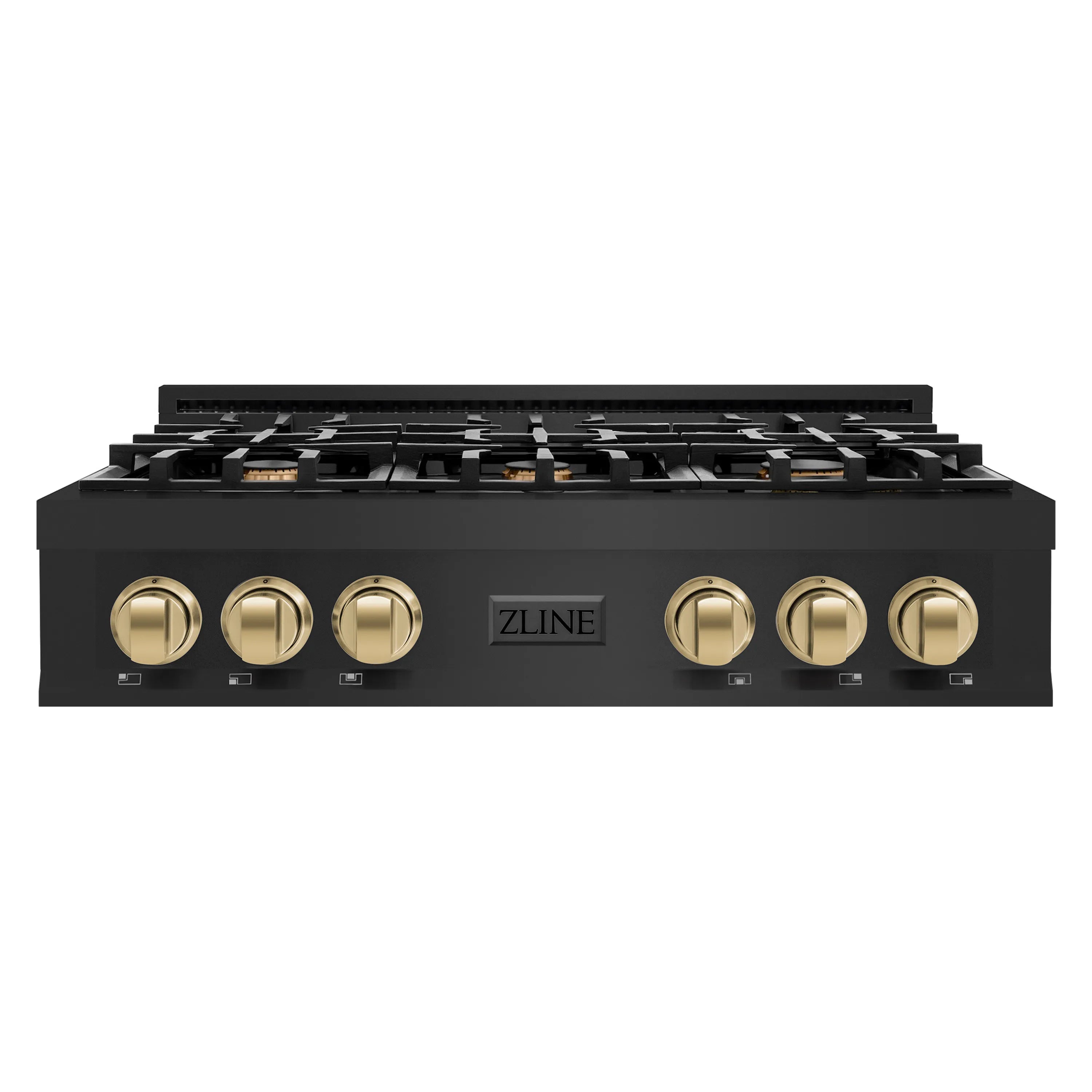 36-inch gas rangetop with six burners, black finish and champagne bronze control knobs