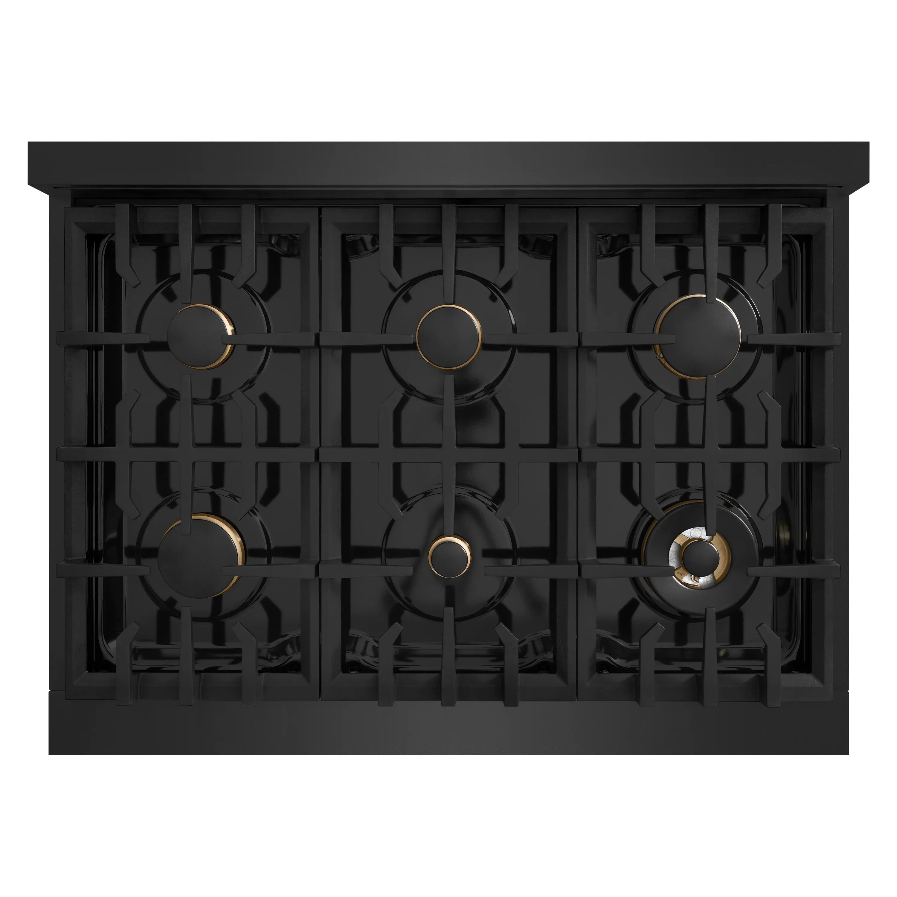 Black gas rangetop with six burners, black grates, and gold accent rings