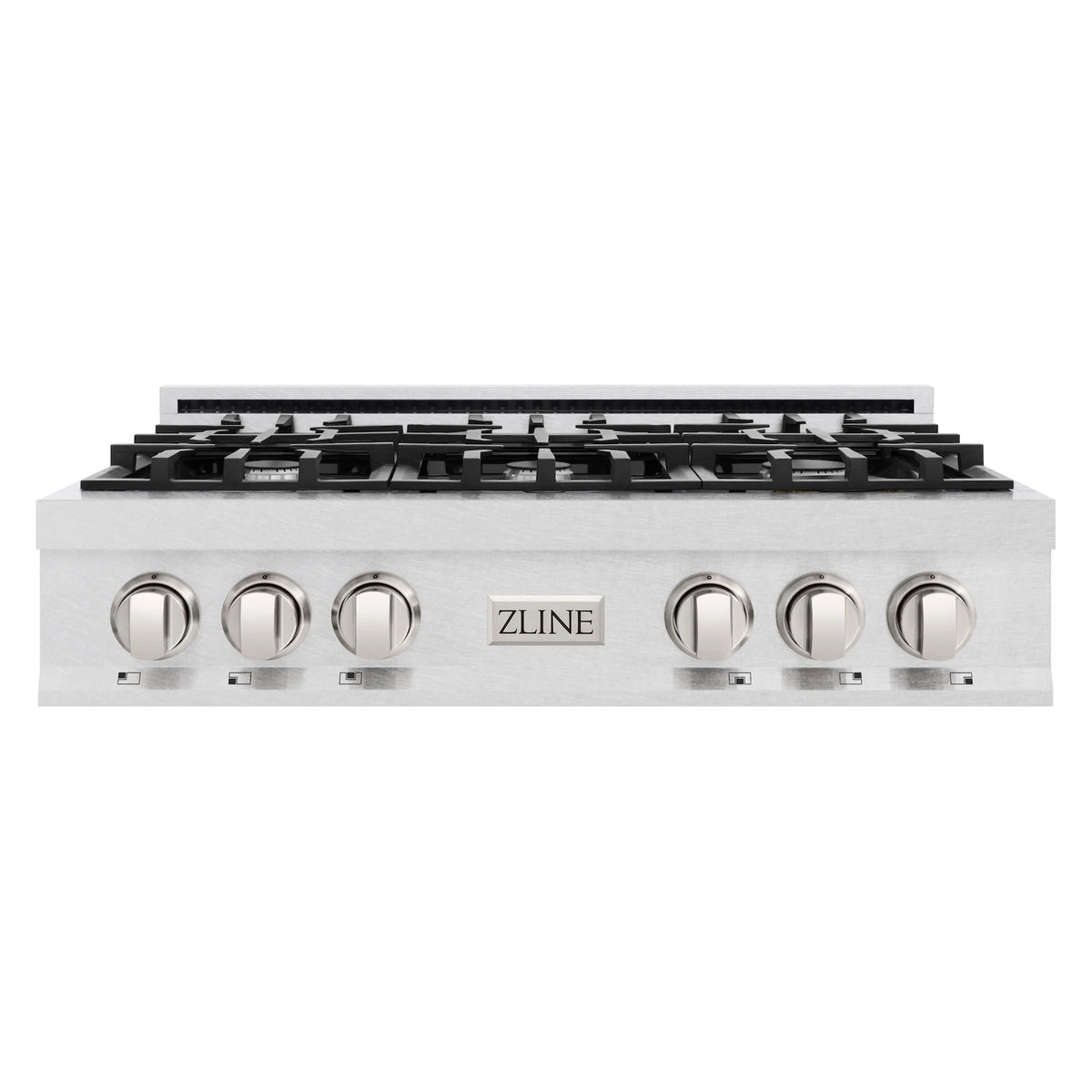 6-burner gas stovetop front panel in stainless steel with round control knobs