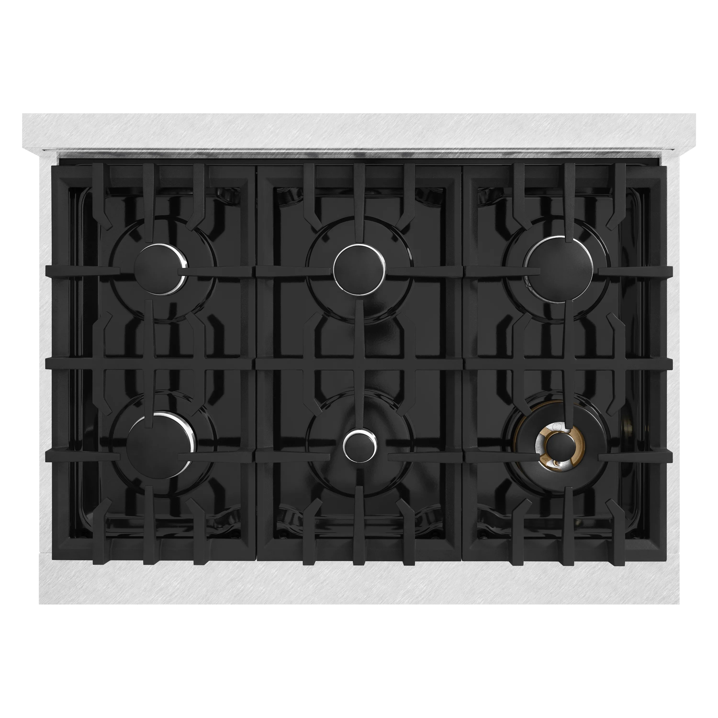 Gas stovetop burner layout with black internal grate supports
