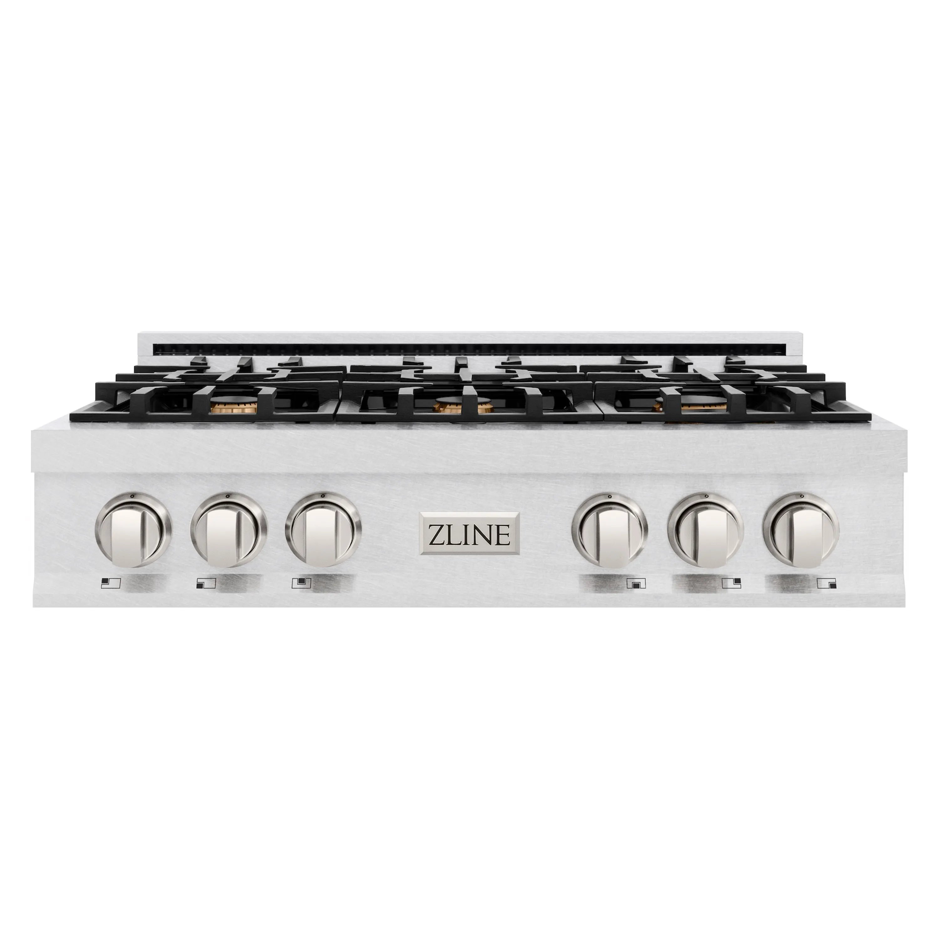 Stainless-steel gas range with six front control knobs and black burner grates