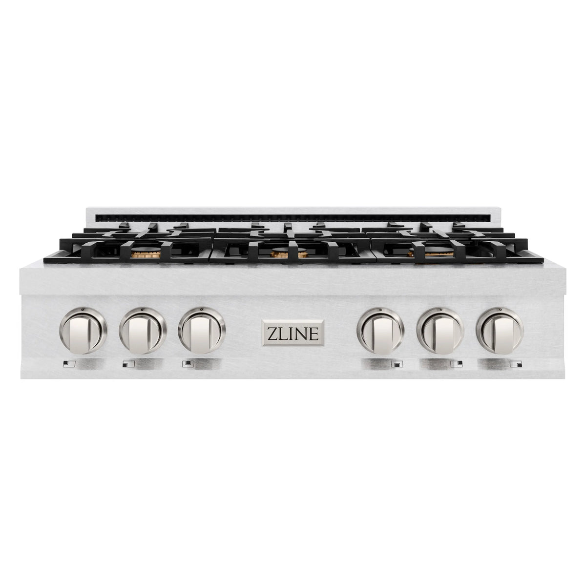 Stainless steel ZLINE gas cooktop front with six control knobs and burner grates