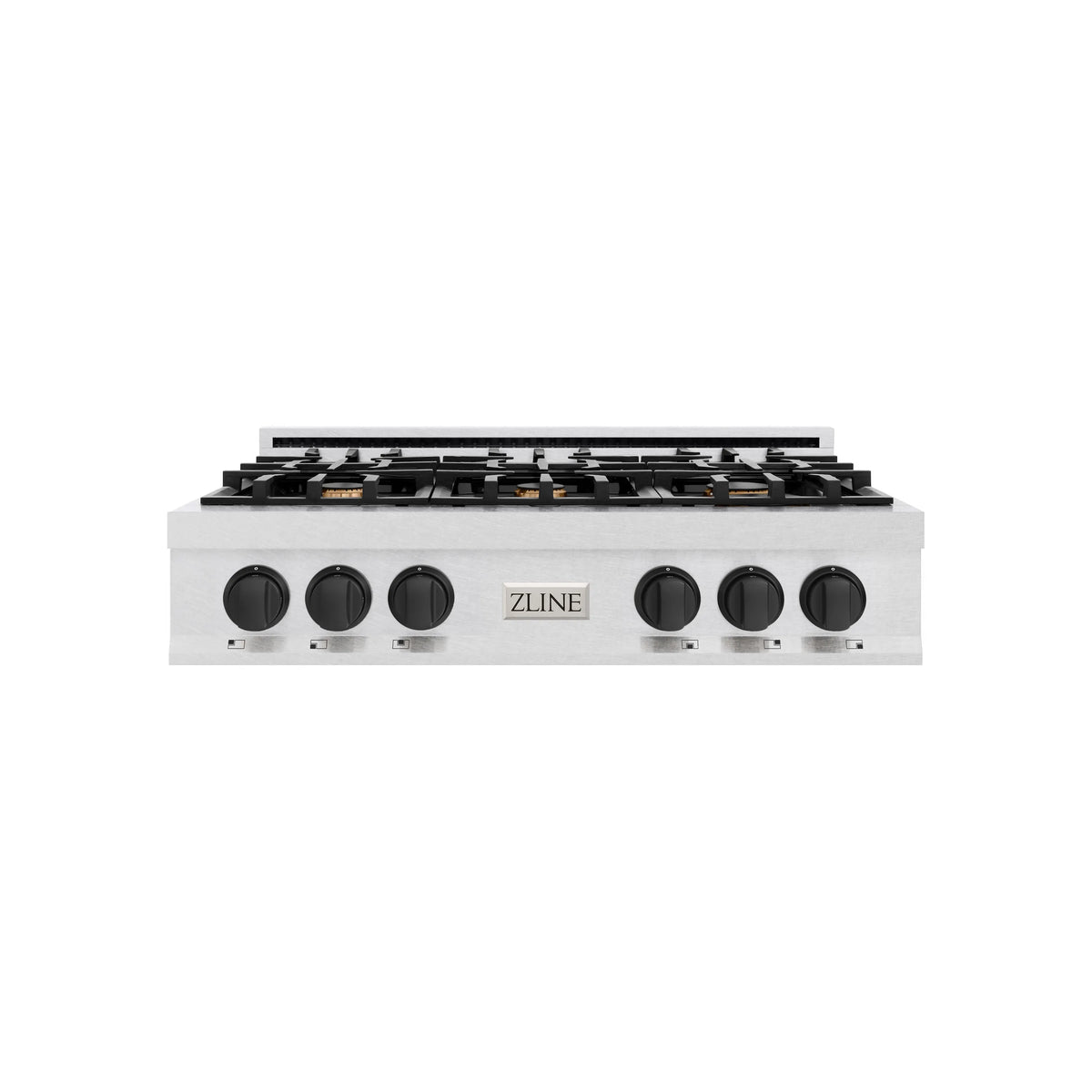 Stainless steel 6-burner gas rangetop with grates and six circular black control knobs