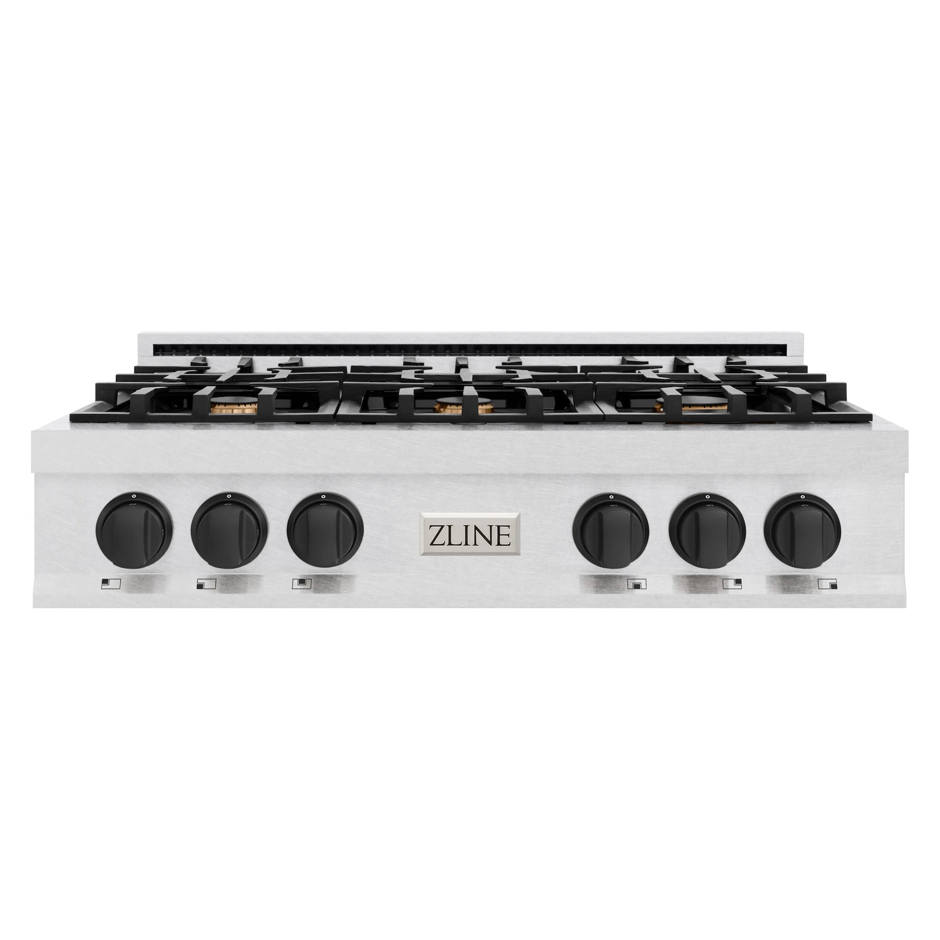 Stainless steel 6-burner gas rangetop with six black control knobs and ZLINE center badge