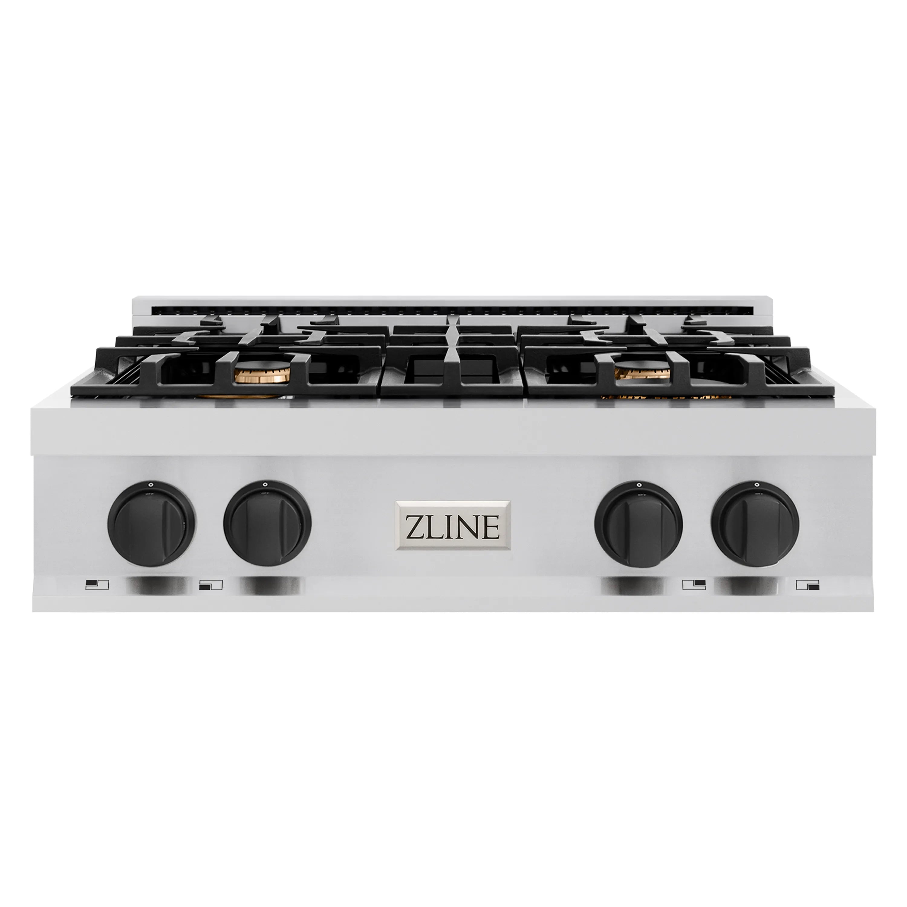 Stainless steel gas rangetop front view with four burners and matte black knobs.