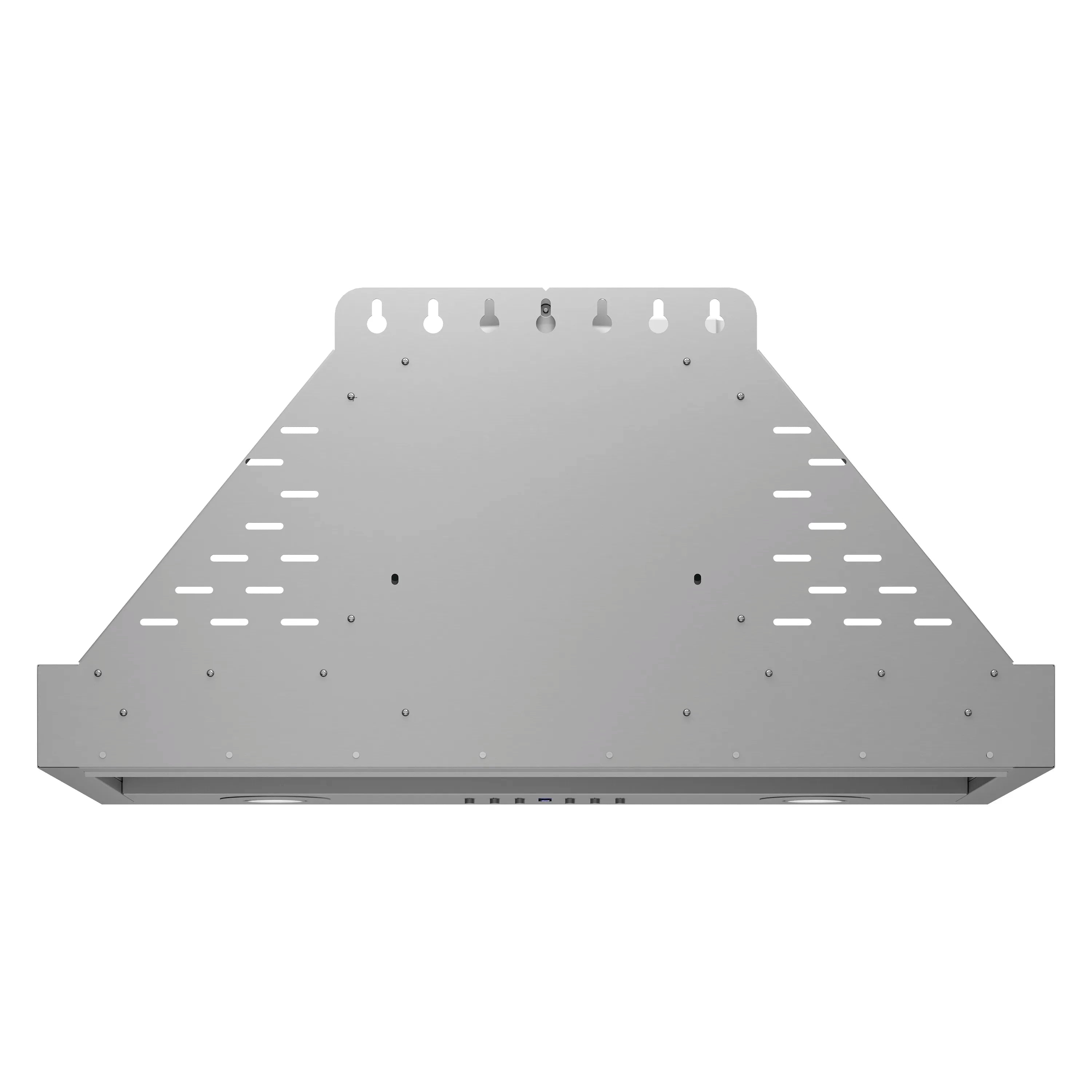 Stainless steel range hood insert underside with baffle slots and mounting brackets