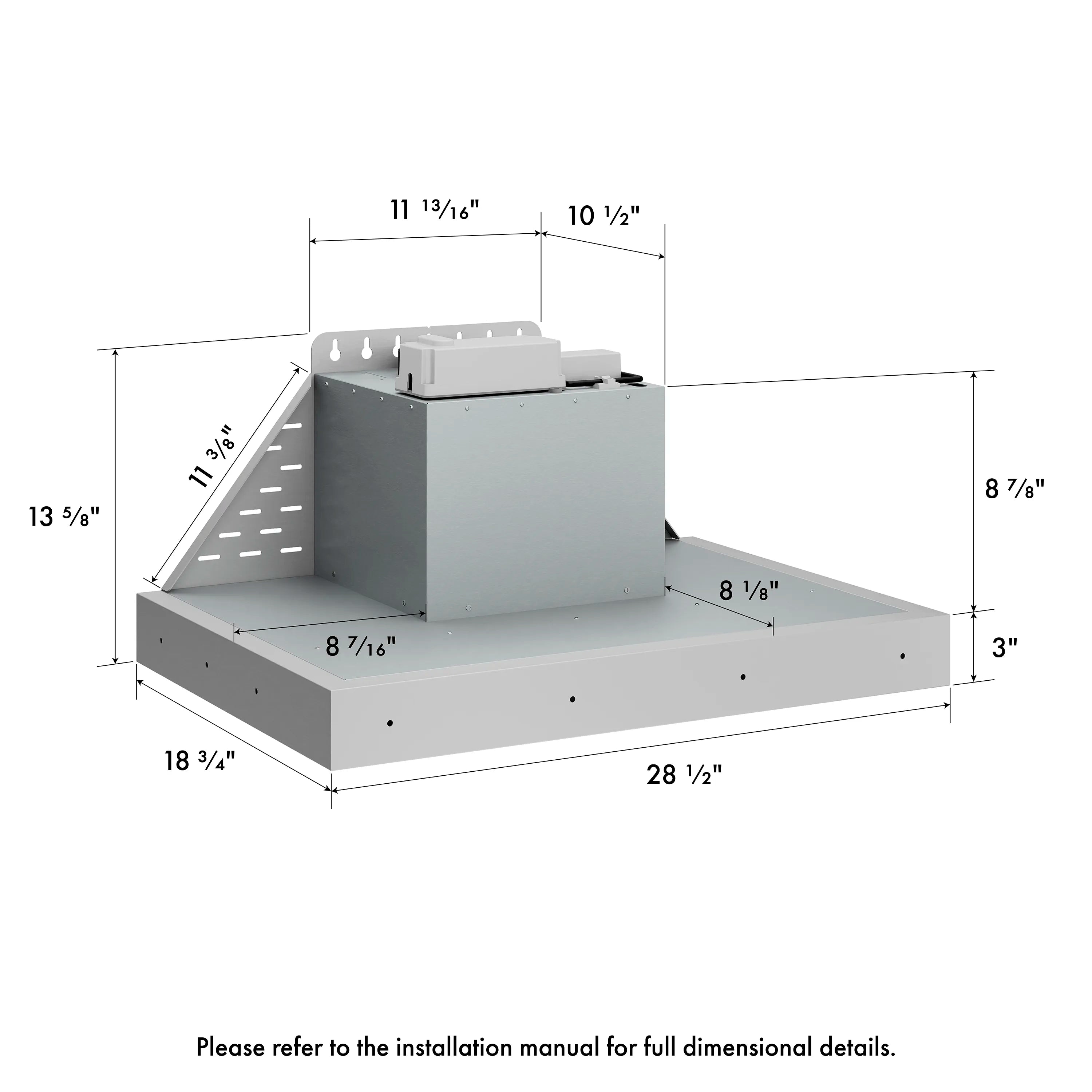 Range hood insert with cutouts and dimensions diagram on stainless steel base