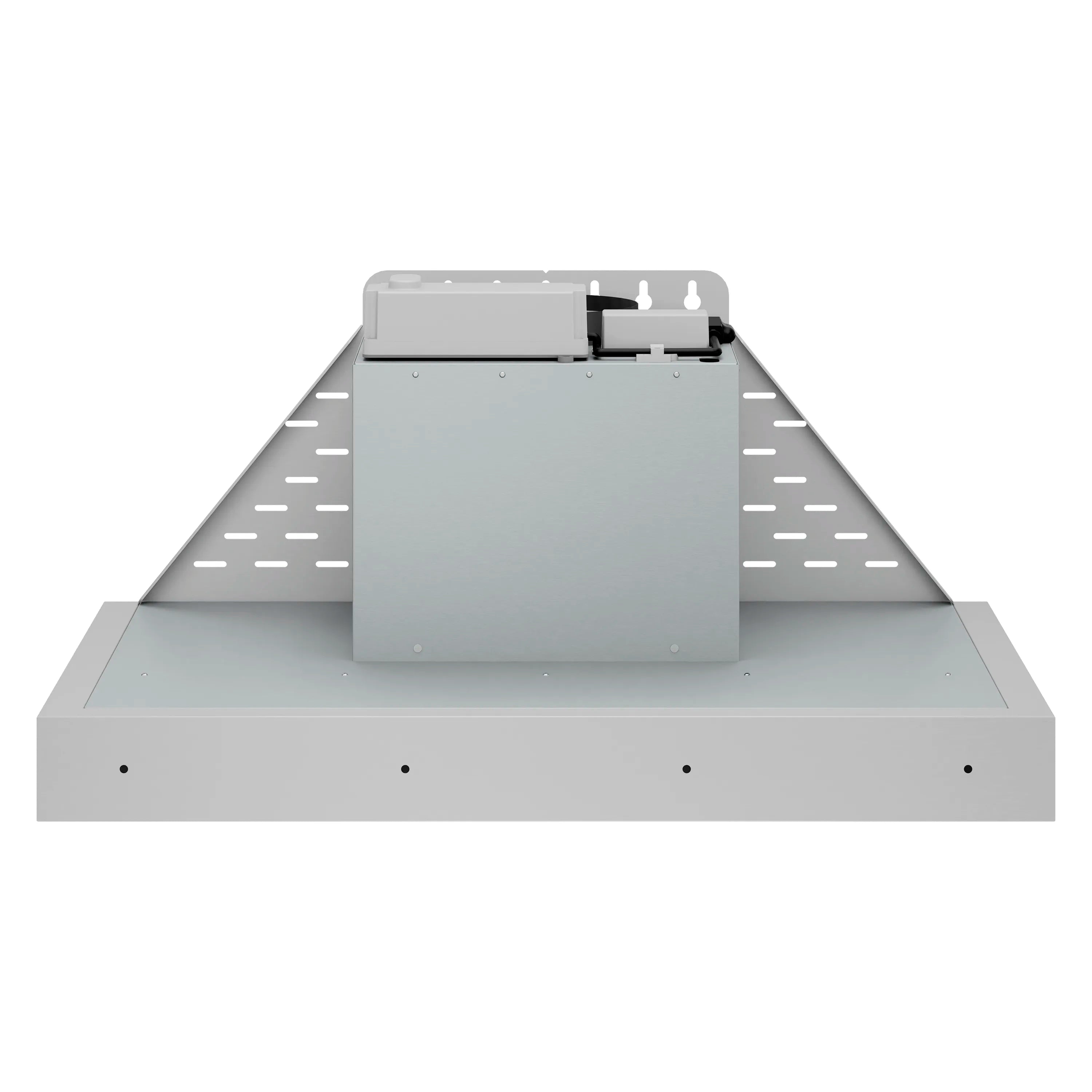 Stainless steel range hood insert front view with baffle panel and control cutout