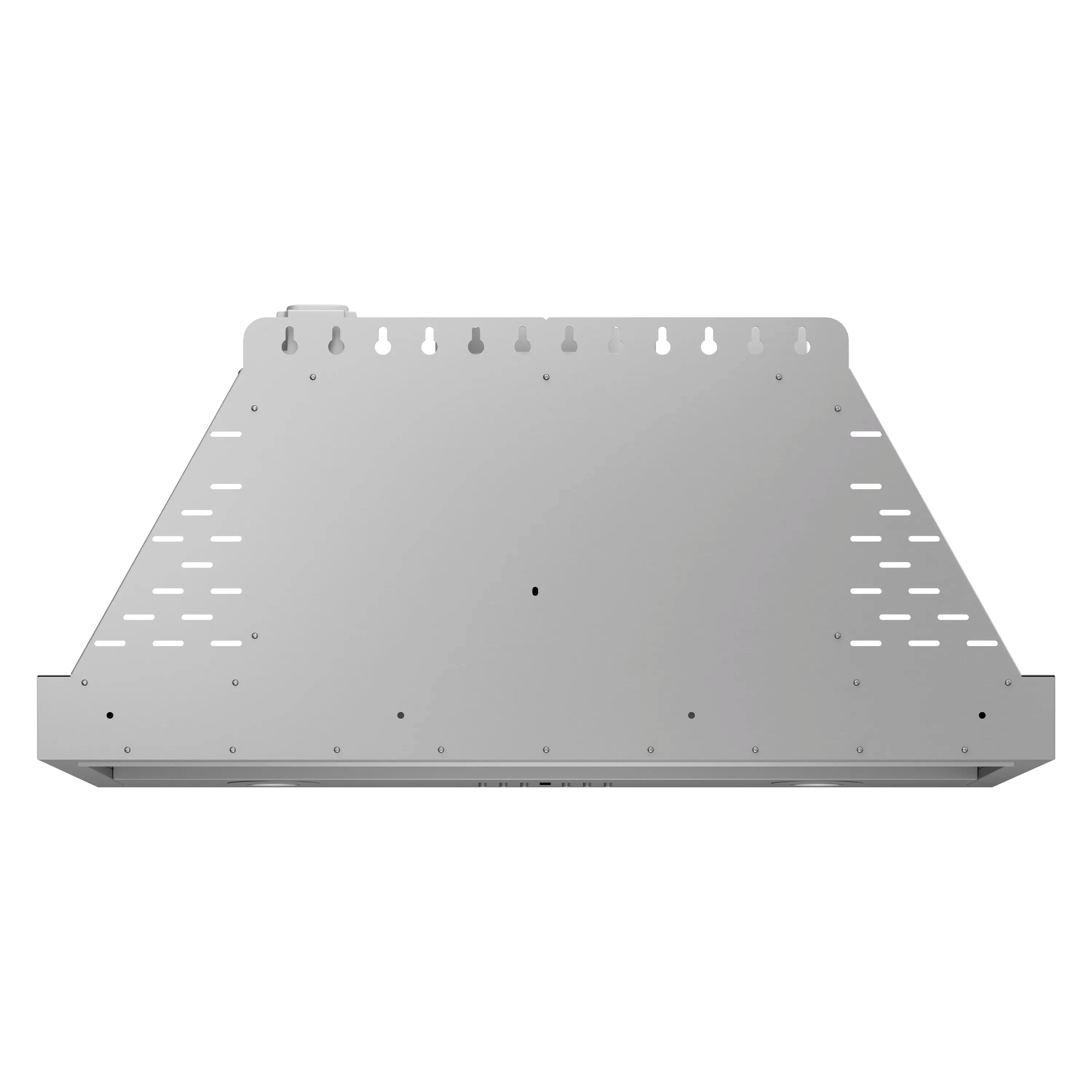 Stainless steel range hood insert with vent baffle and mounting flange