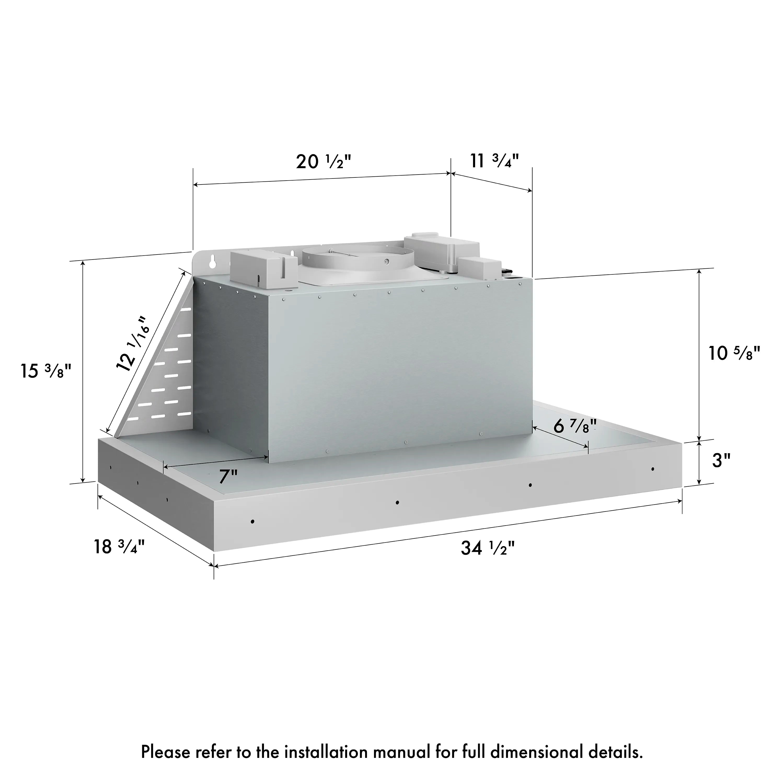 Range hood insert dimension diagram with 34 1/2 in width