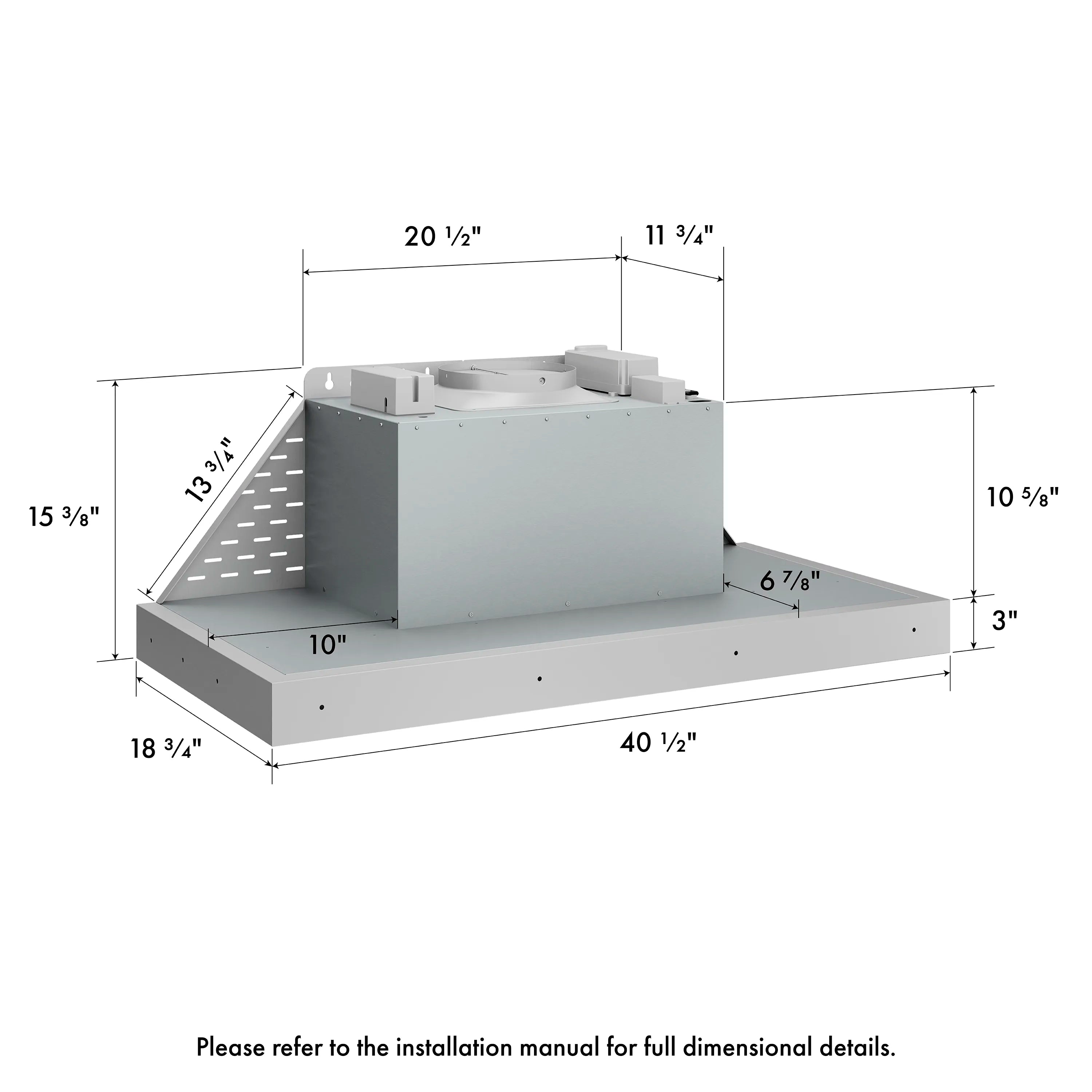 Range hood insert mounting platform with housing and side rails, with dimensions