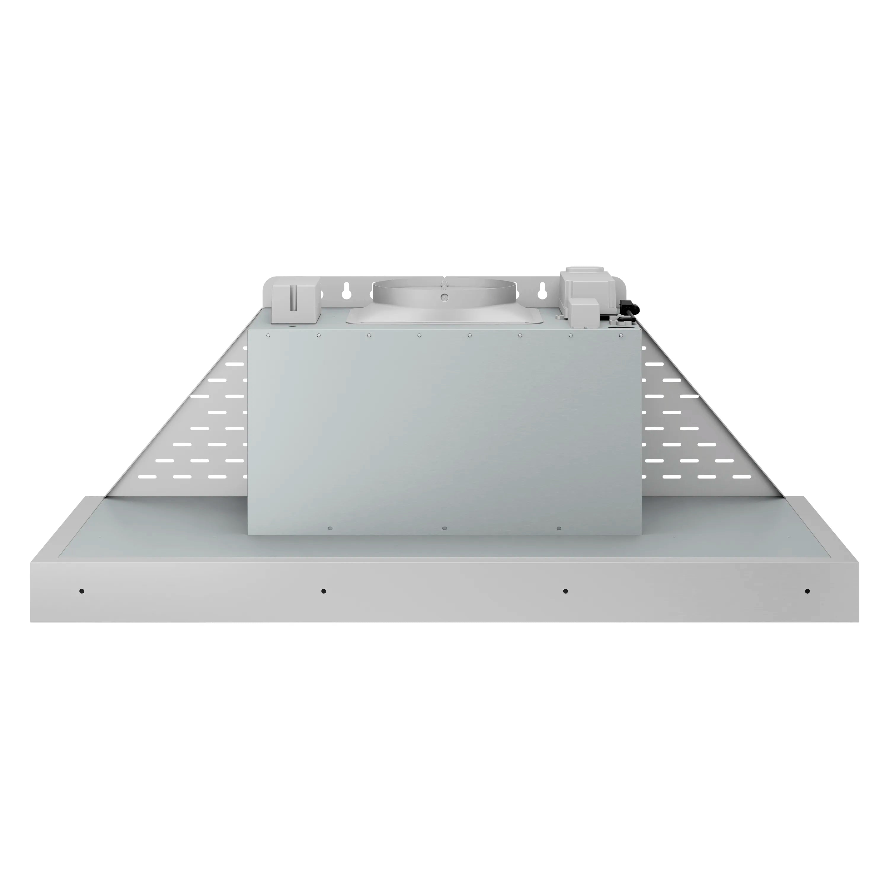 Stainless steel wall mount range hood insert with front panel and control area