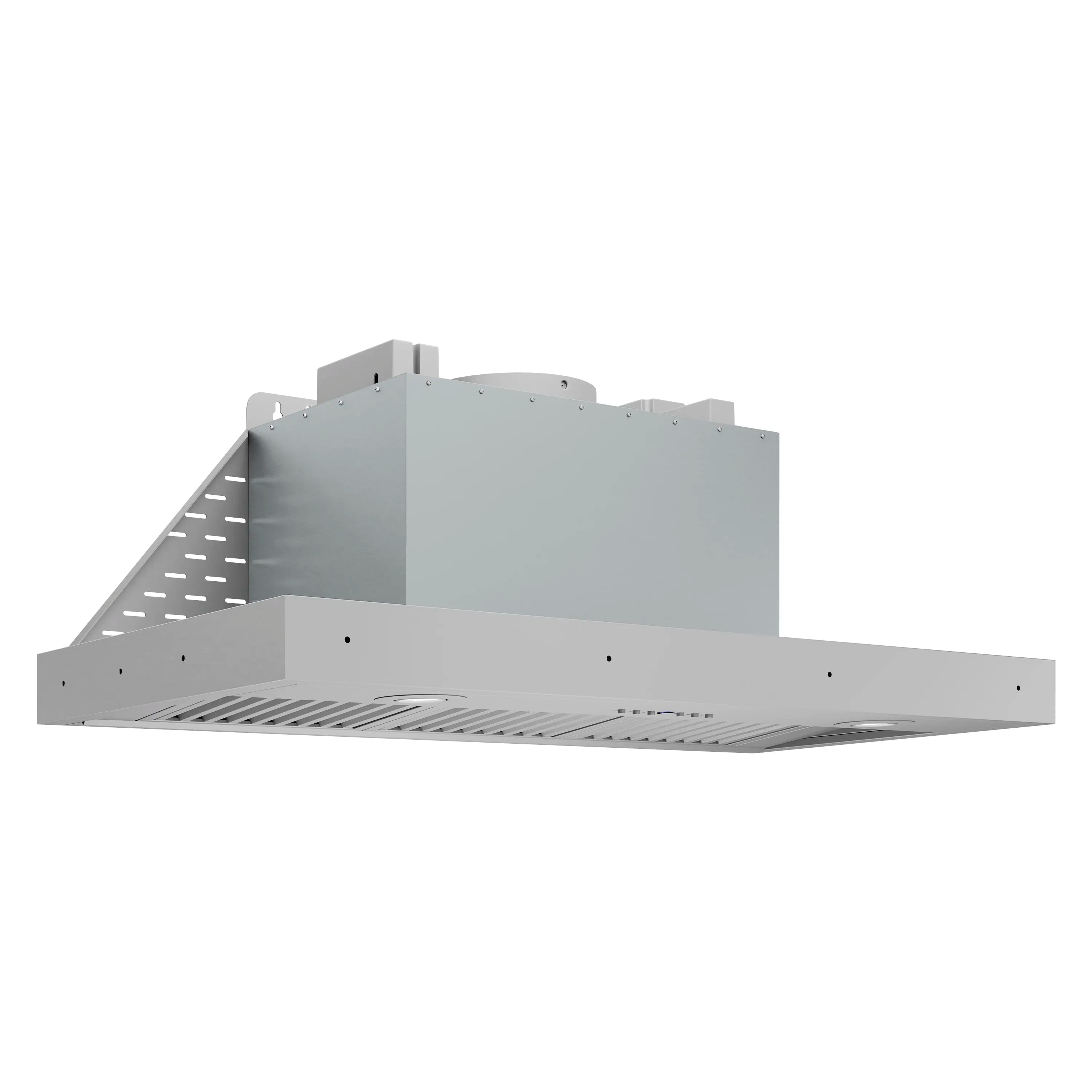 Stainless steel wall mount range hood insert with vent grille and side housing