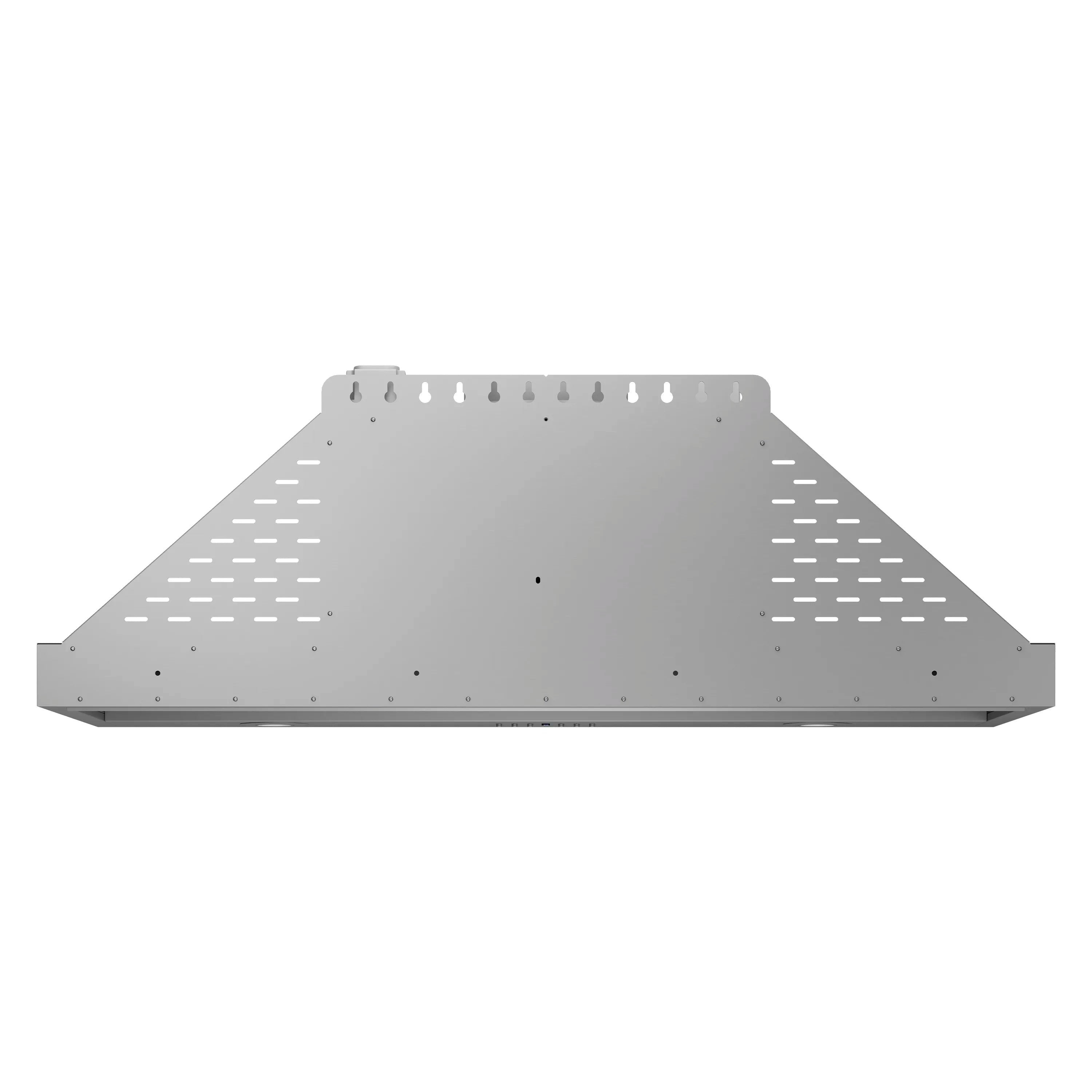 Stainless steel wall mount range hood insert with vented front and flared canopy