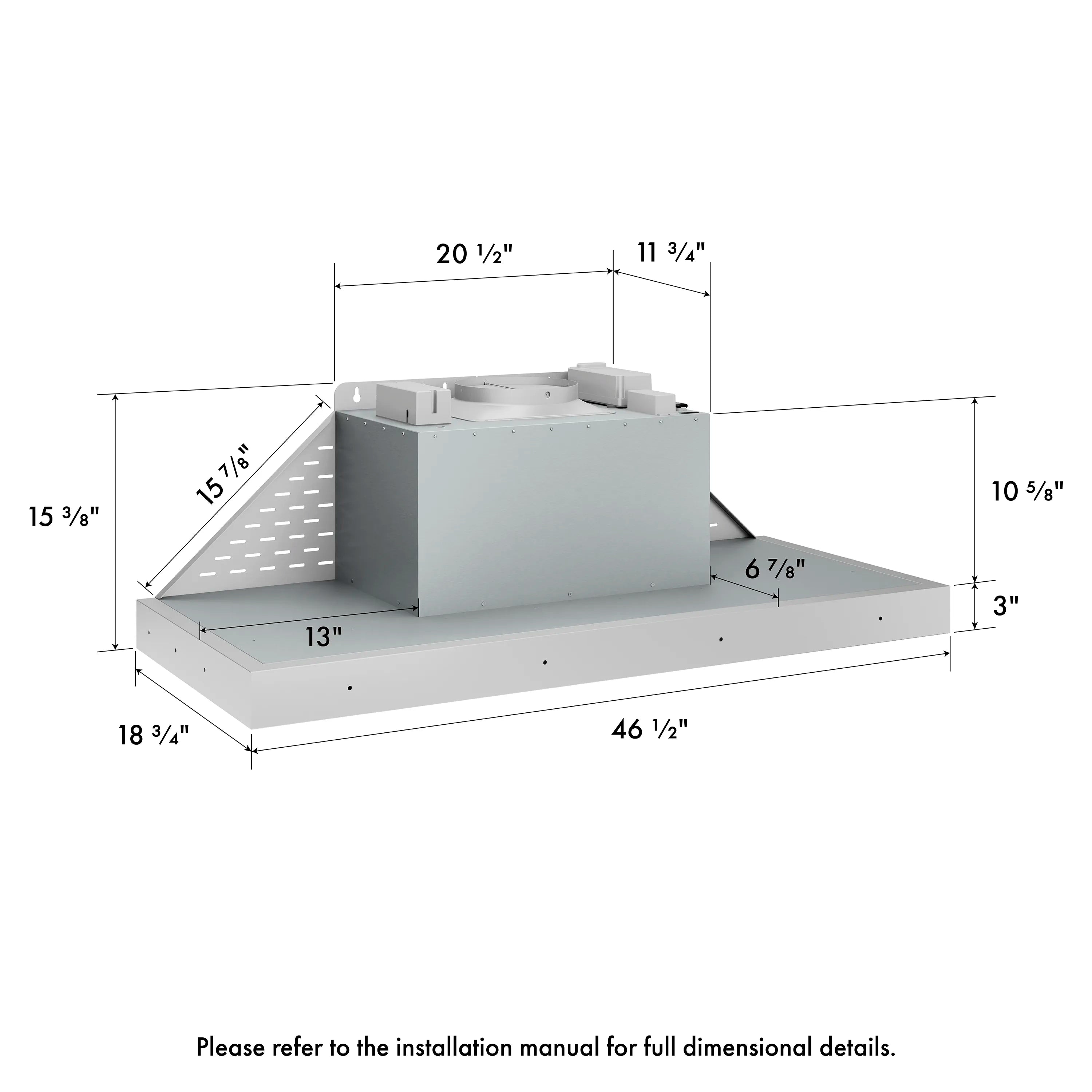Stainless steel range hood insert with dimensions shown on a cutaway base