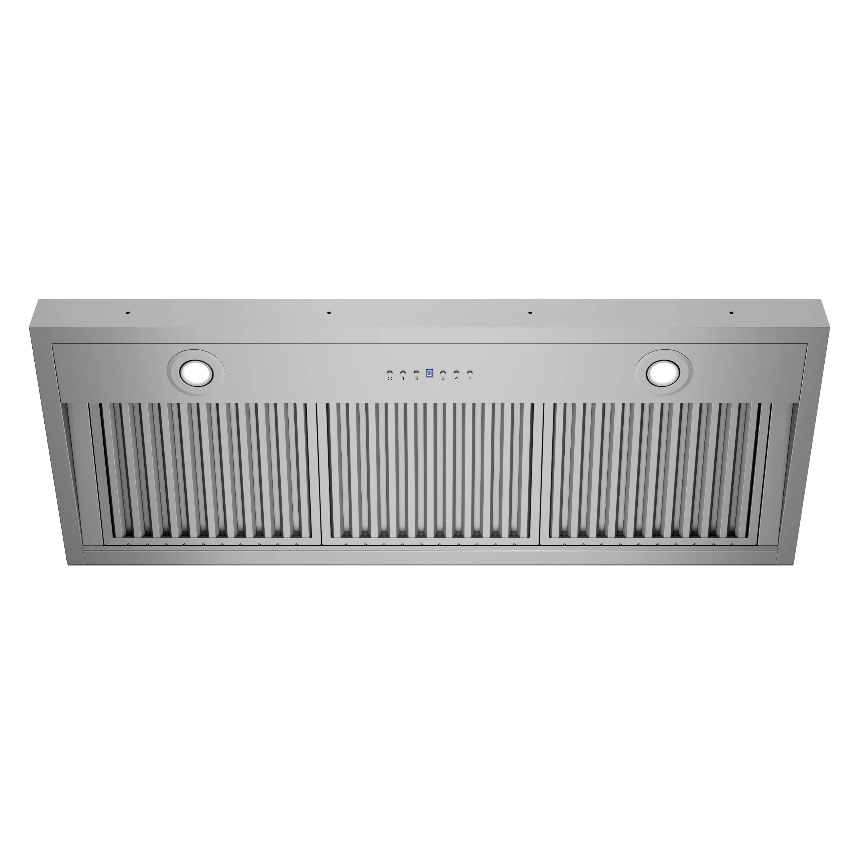 Stainless steel front vent panel with two circular openings and vertical grille slots