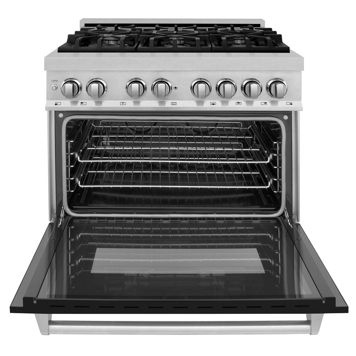 Stainless dual fuel range with black matte oven door, control knobs, and gas burners