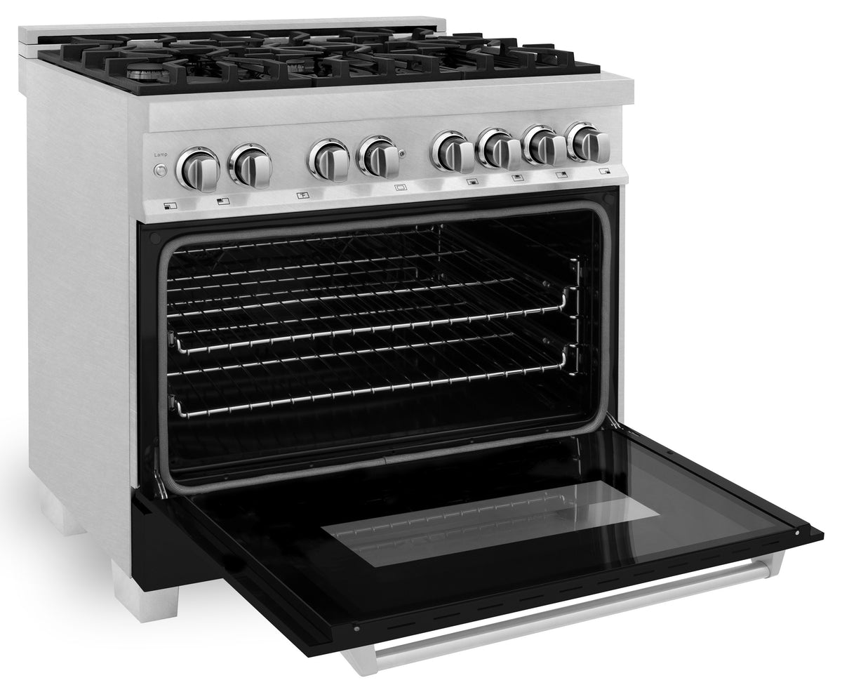 Dual fuel range with open oven door, visible racks, and stainless control panel