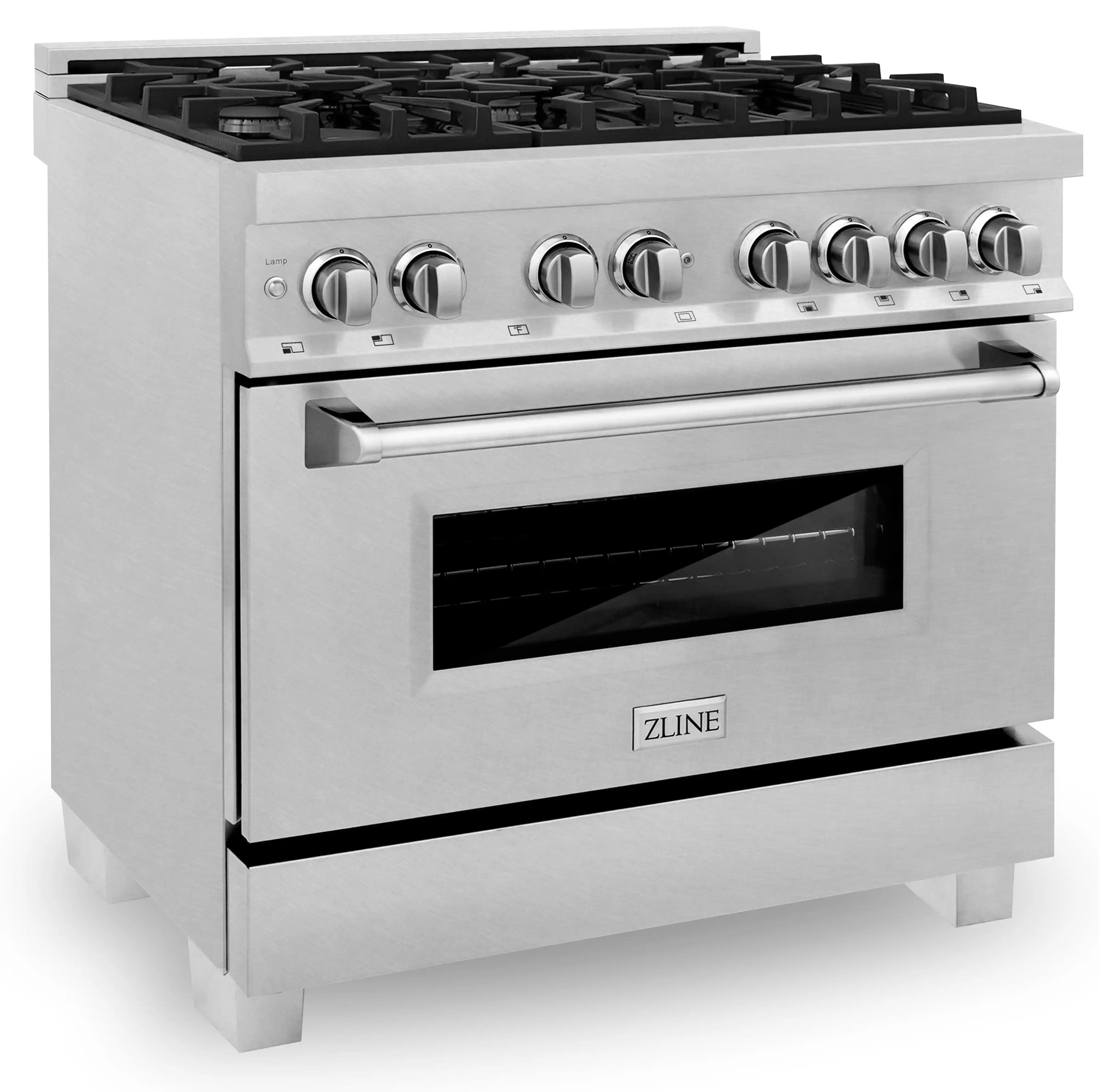 ZLINE dual fuel range front with oven window and stainless control panel