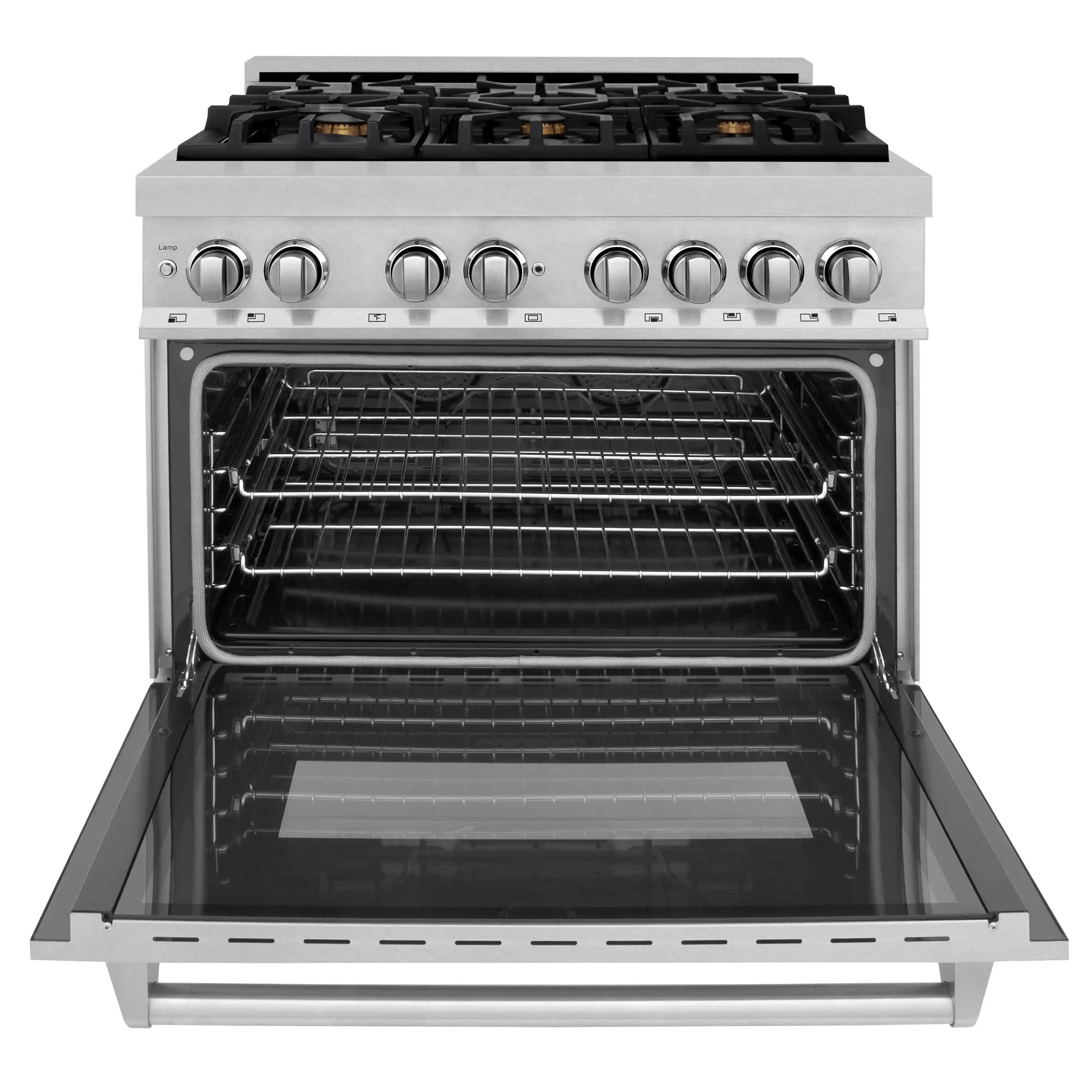 Open oven door showing wire baking rack and interior fan area in stainless range