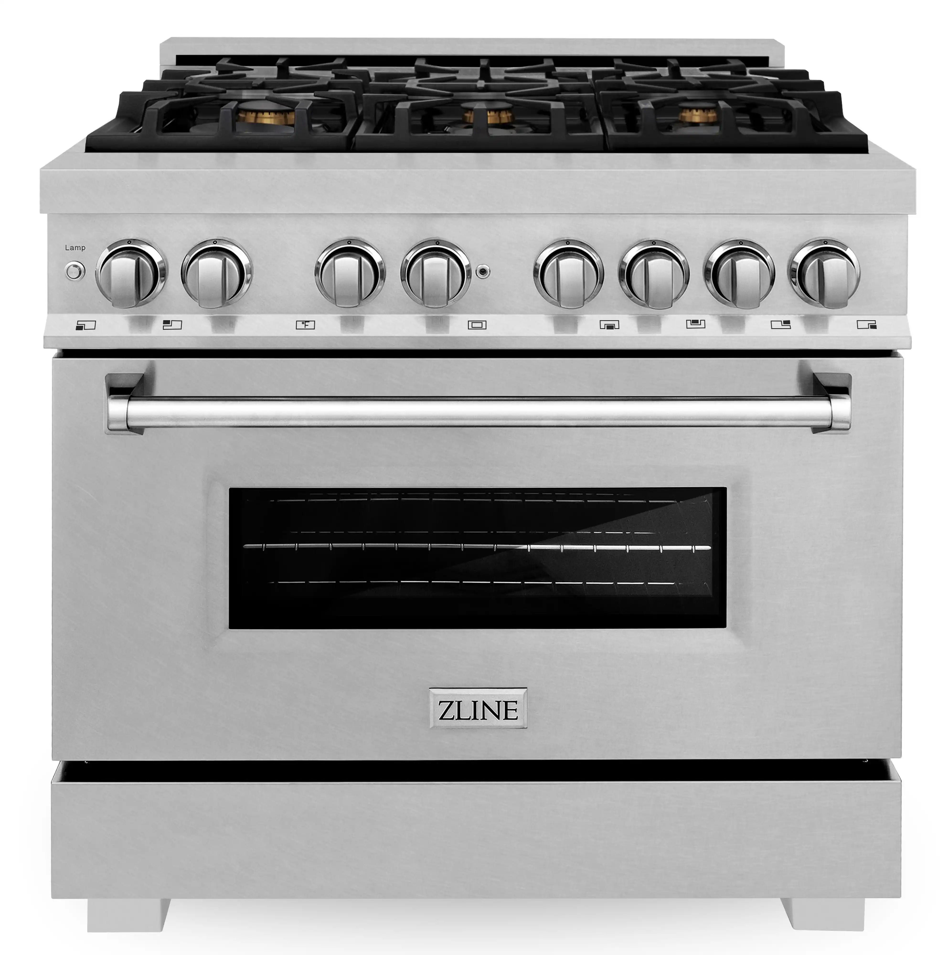 Stainless dual fuel range front view with black grates, control knobs, and oven door