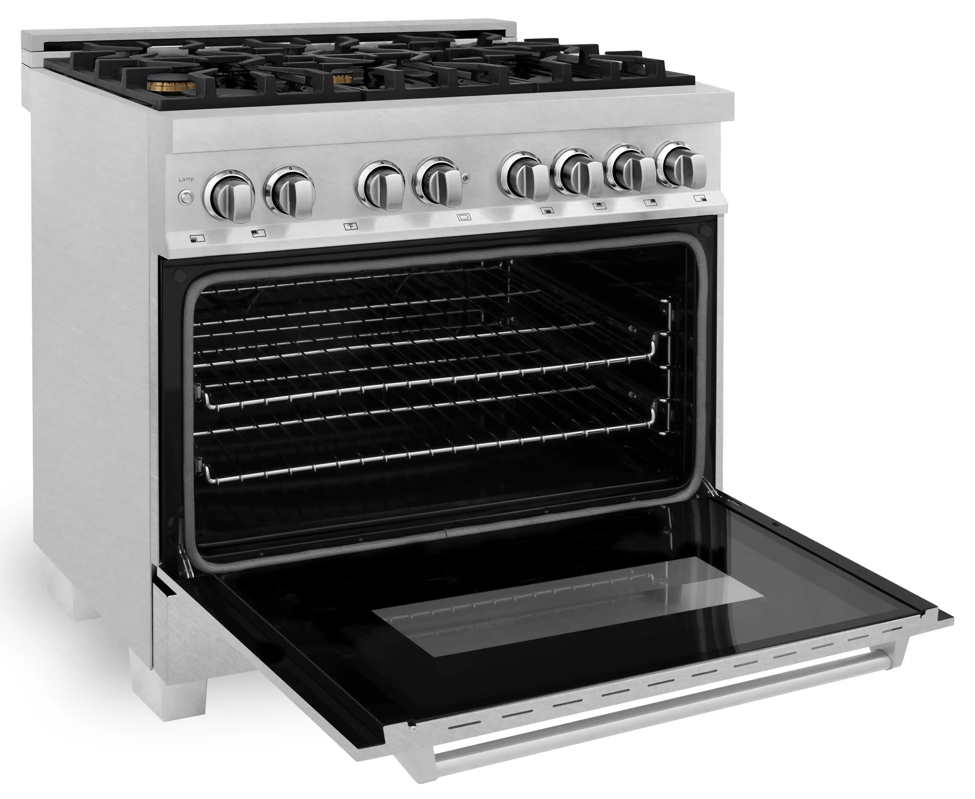 Satin stainless dual fuel range with open oven door showing wire racks