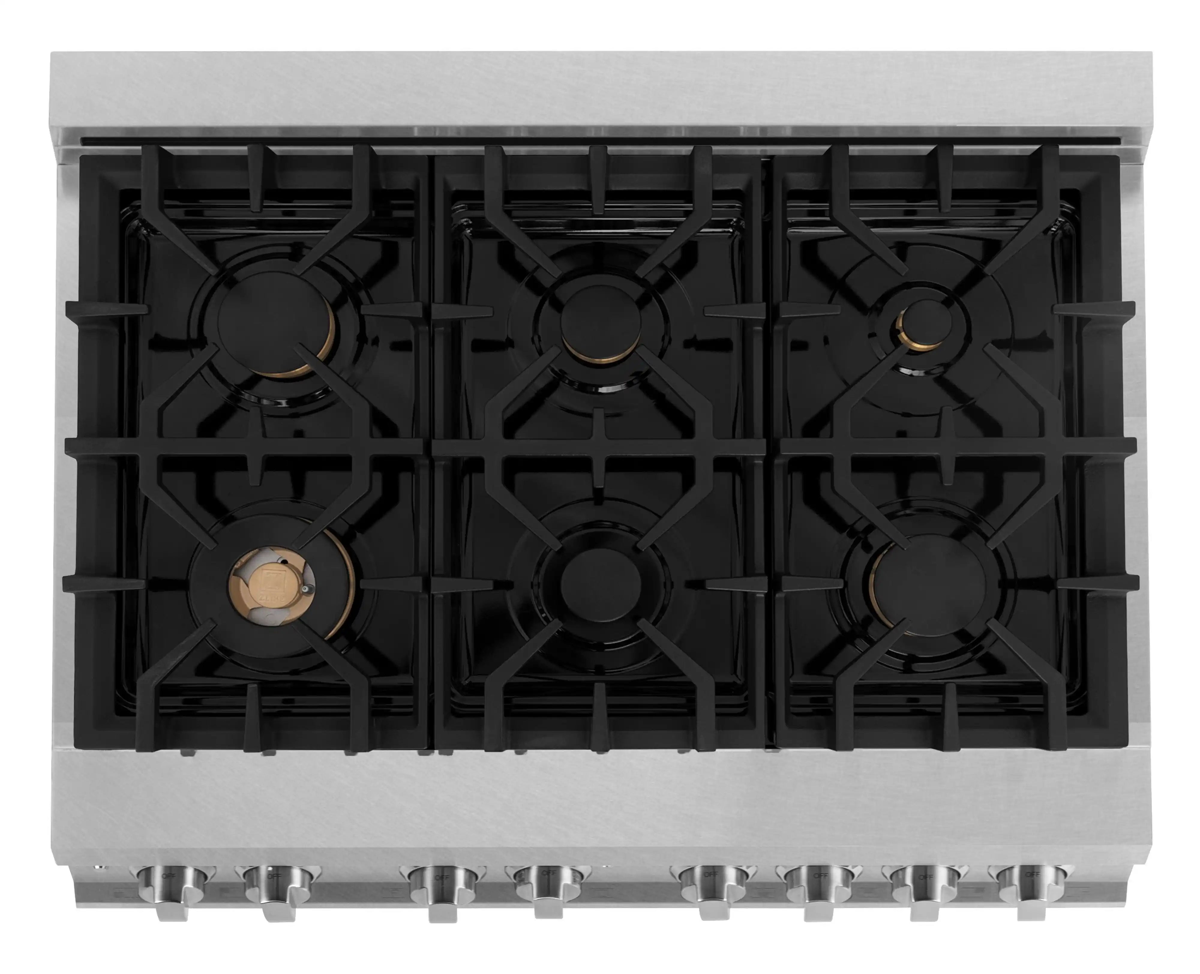 Satin stainless cooktop with six gas burners and one brass-accented burner cap