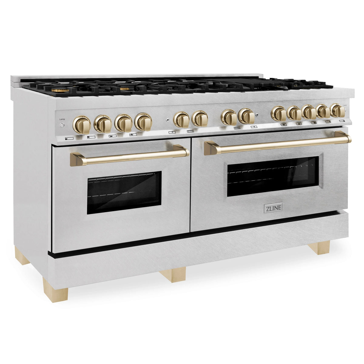 Satin stainless dual fuel range with gold control knobs, twin oven doors, and handles.