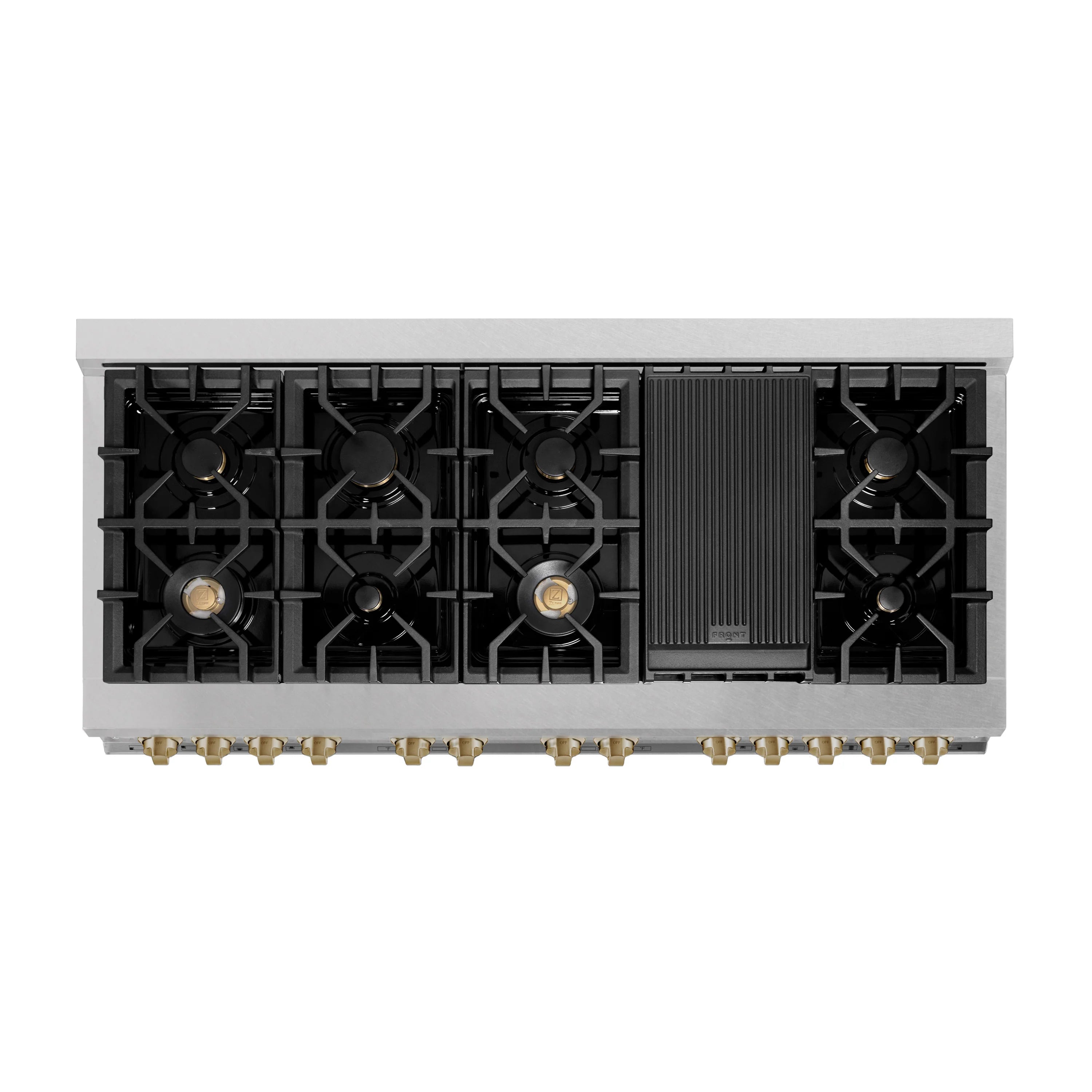 Dual fuel cooktop underside with multiple burners and black grate sections