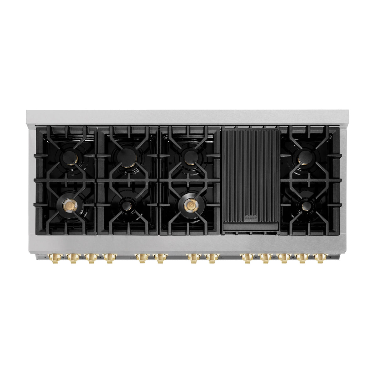 Dual fuel cooktop with black grates, stainless surface, and gold control knobs.