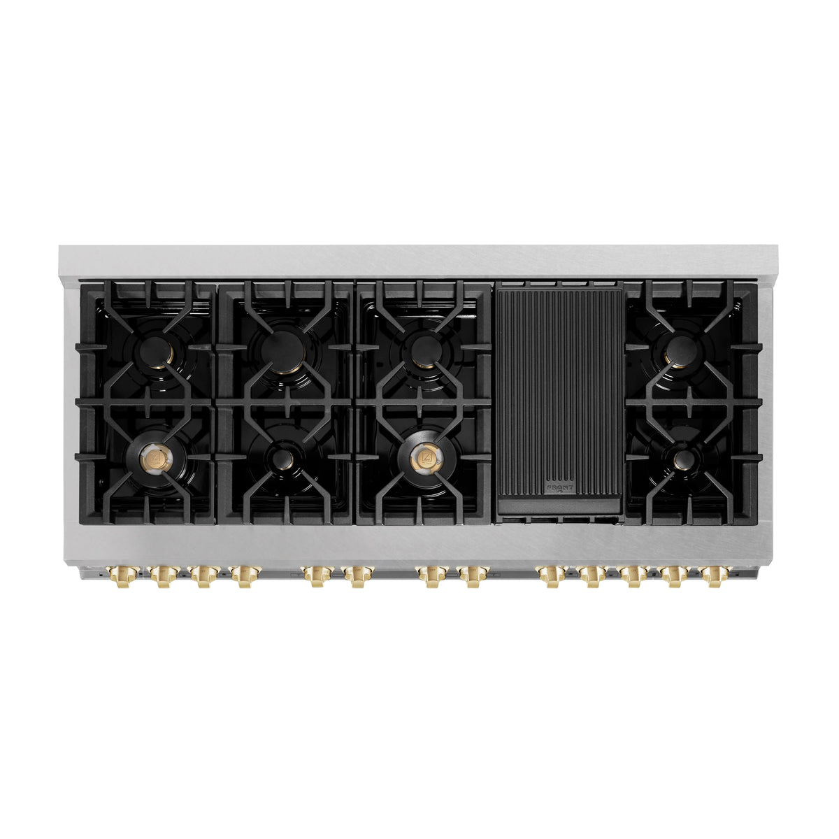 Dual fuel range cooktop with black burner grates and four gas burner heads