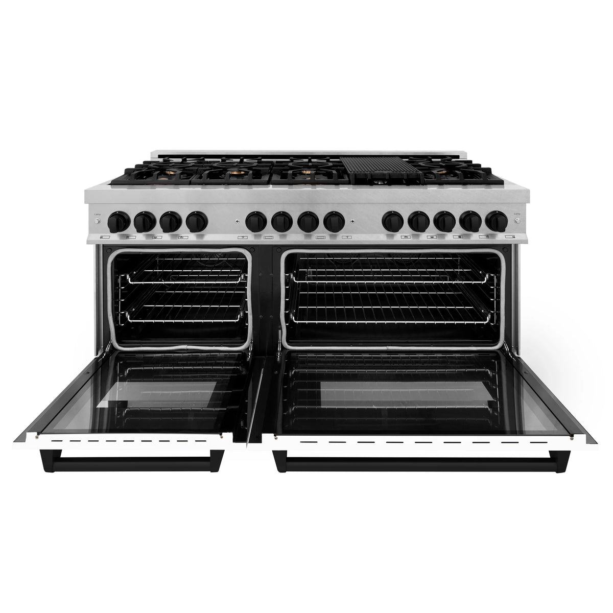 Dual fuel range with both ovens open, showing dark racks and oven cavities