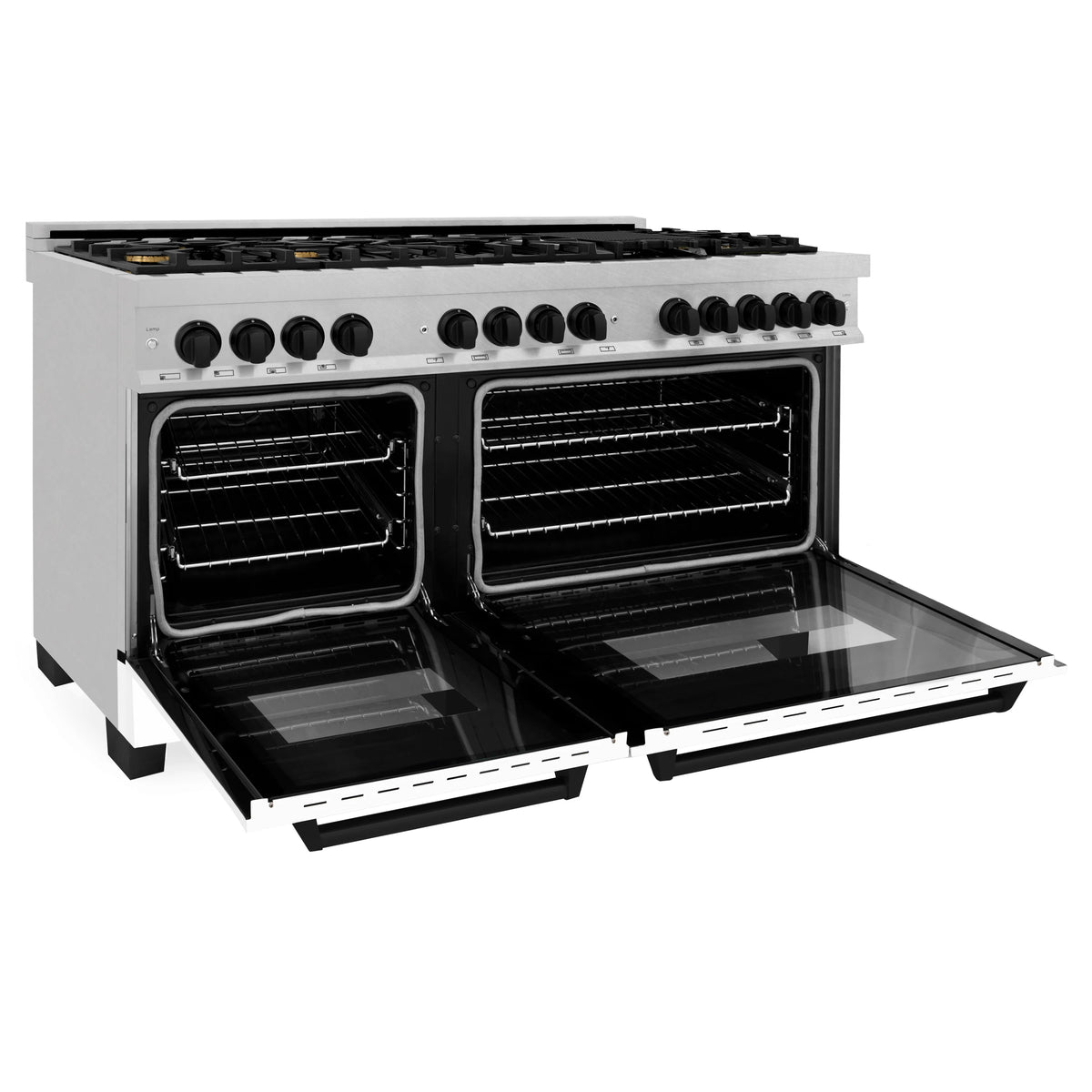 Dual fuel range with open ovens and visible wire racks inside